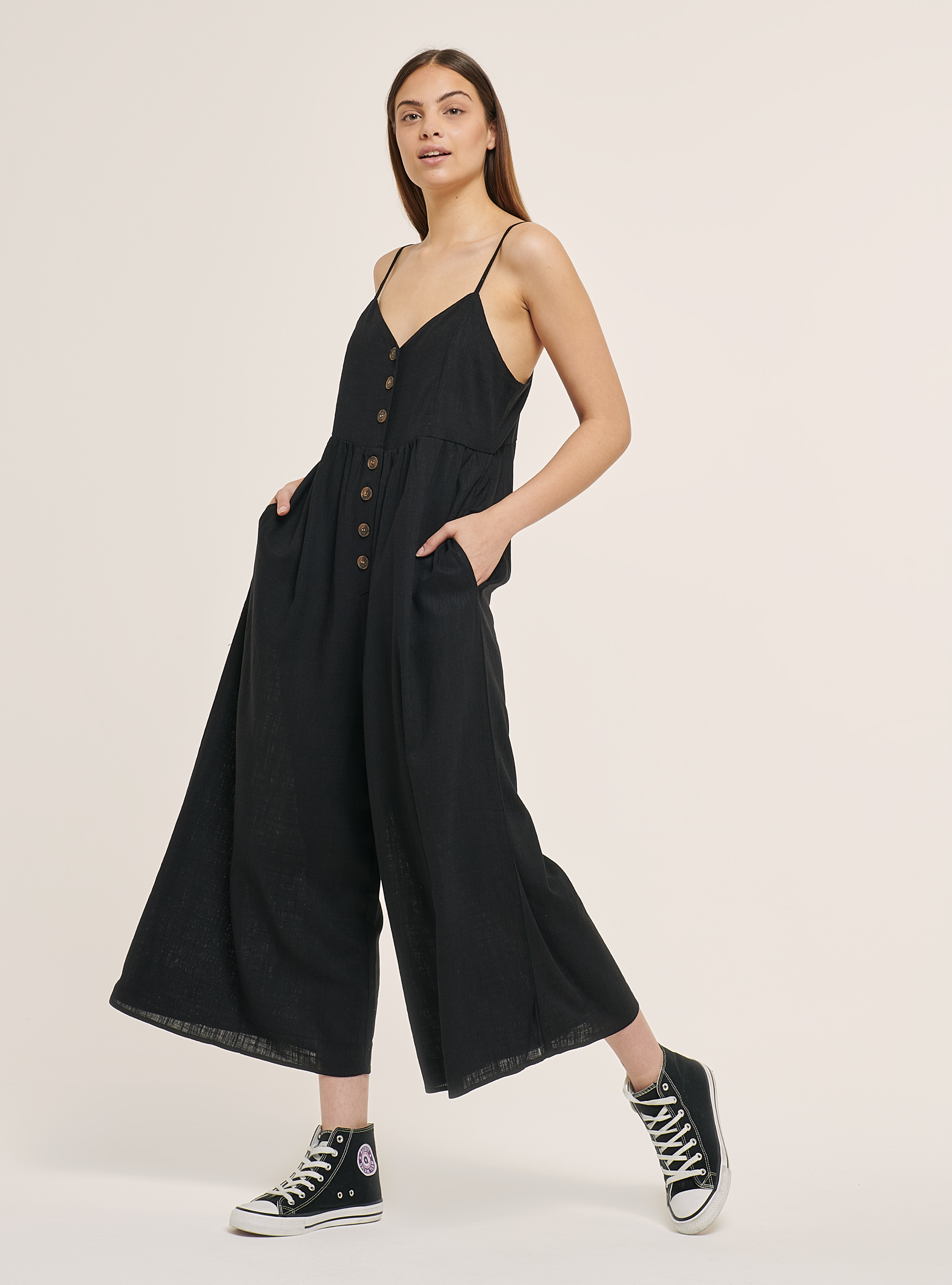 Plain-coloured linen-blend jumpsuit, BLACK