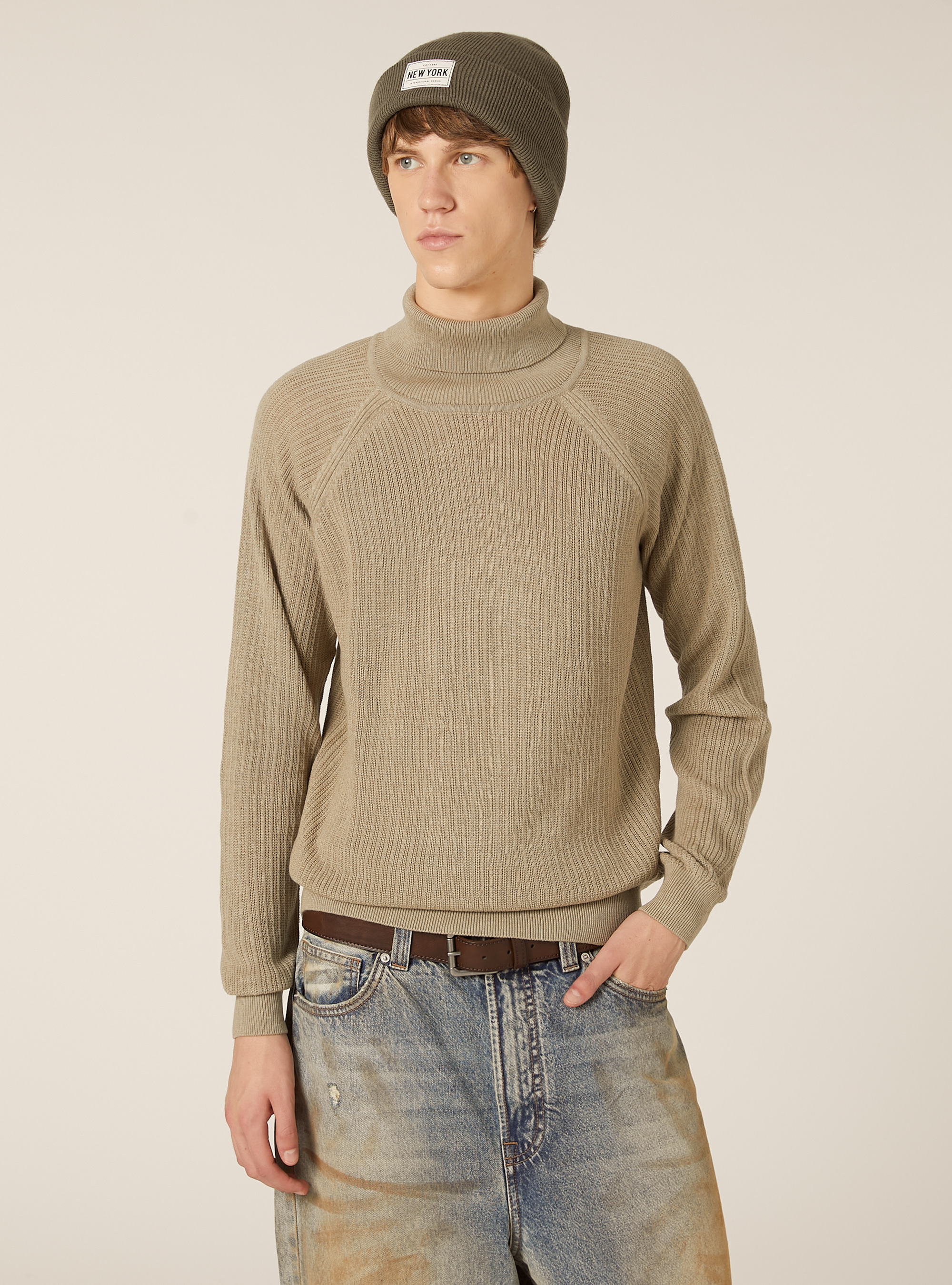 Maglia a collo alto in misto cotone a coste, BG2 BEIGE MEDIUM