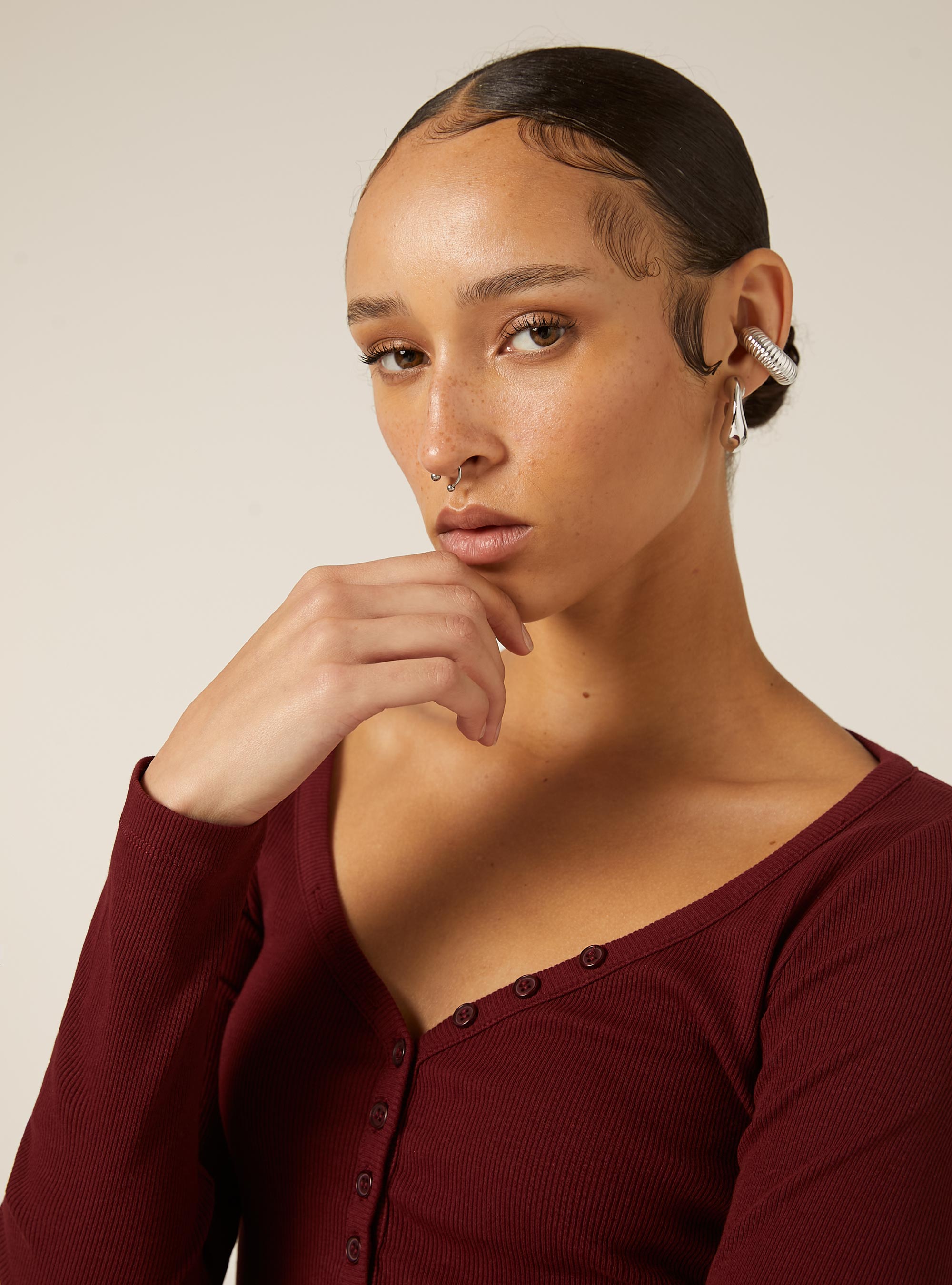 Long-sleeved V-neck T-shirt, BO1 BORDEAUX DARK