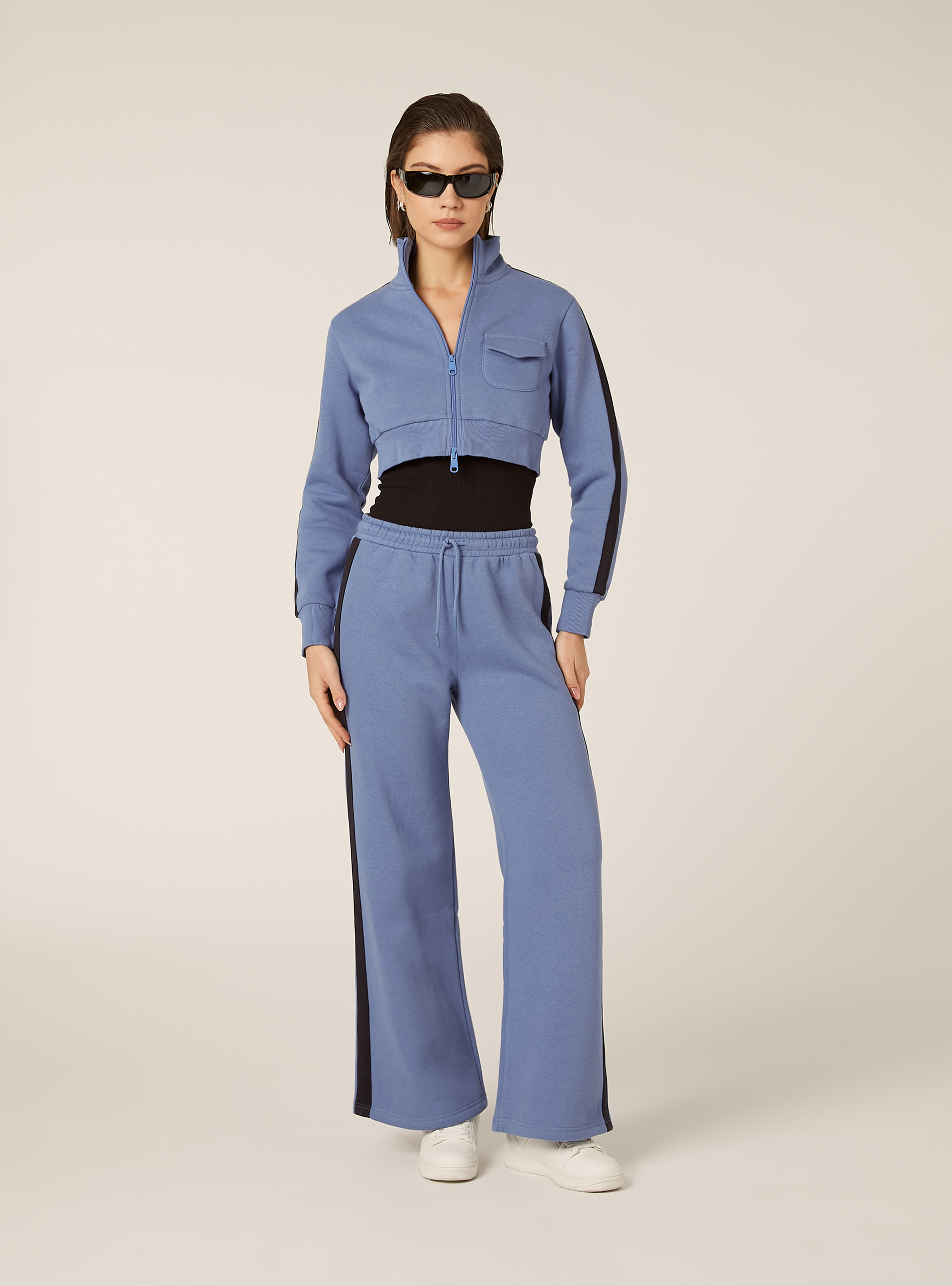 Pantaloni wide leg con bande laterali, AZ1 AZURE DARK