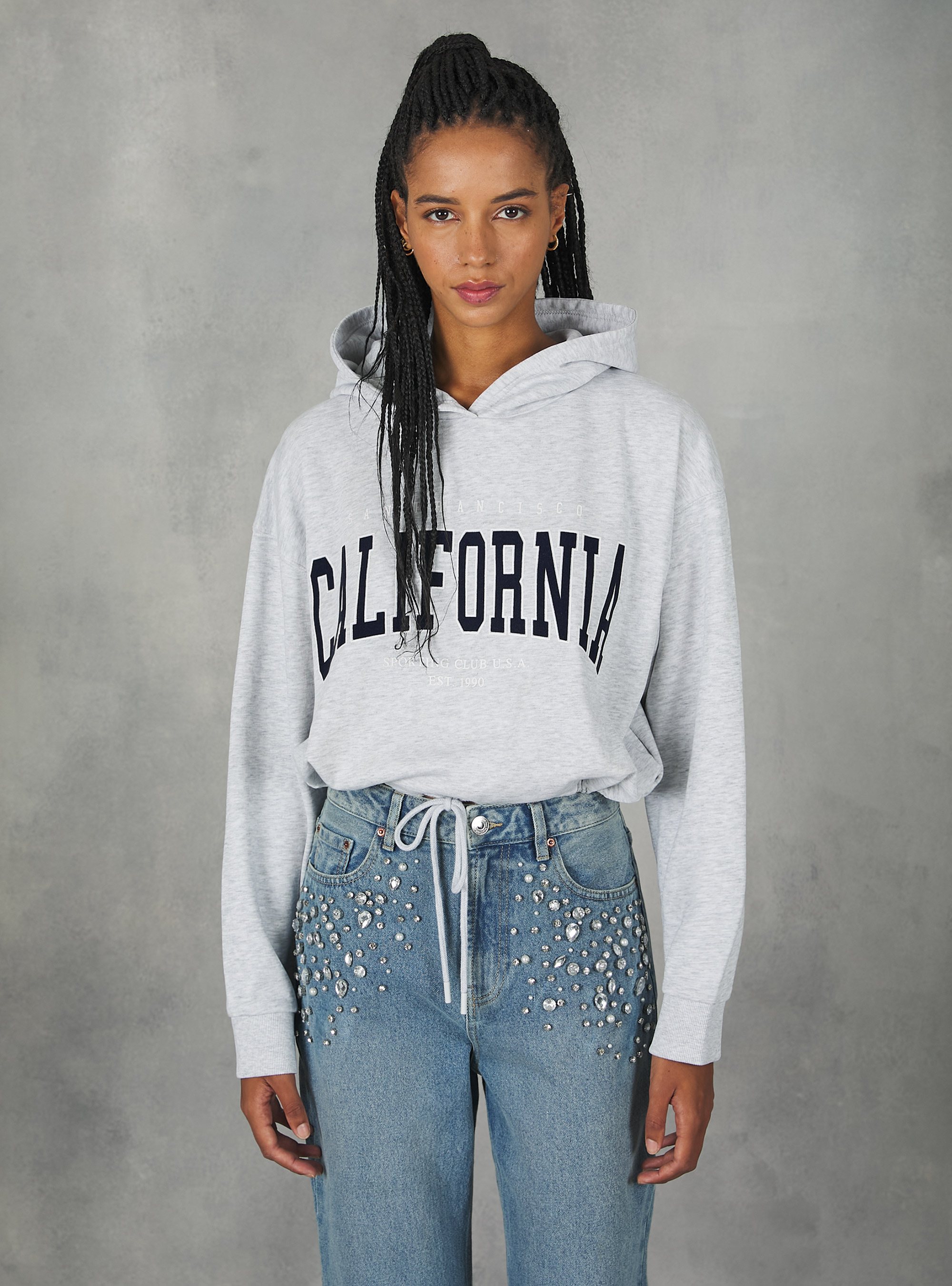 Cropped college sweatshirt with drawstring at hem, MGY3 GREY MEL LIGHT