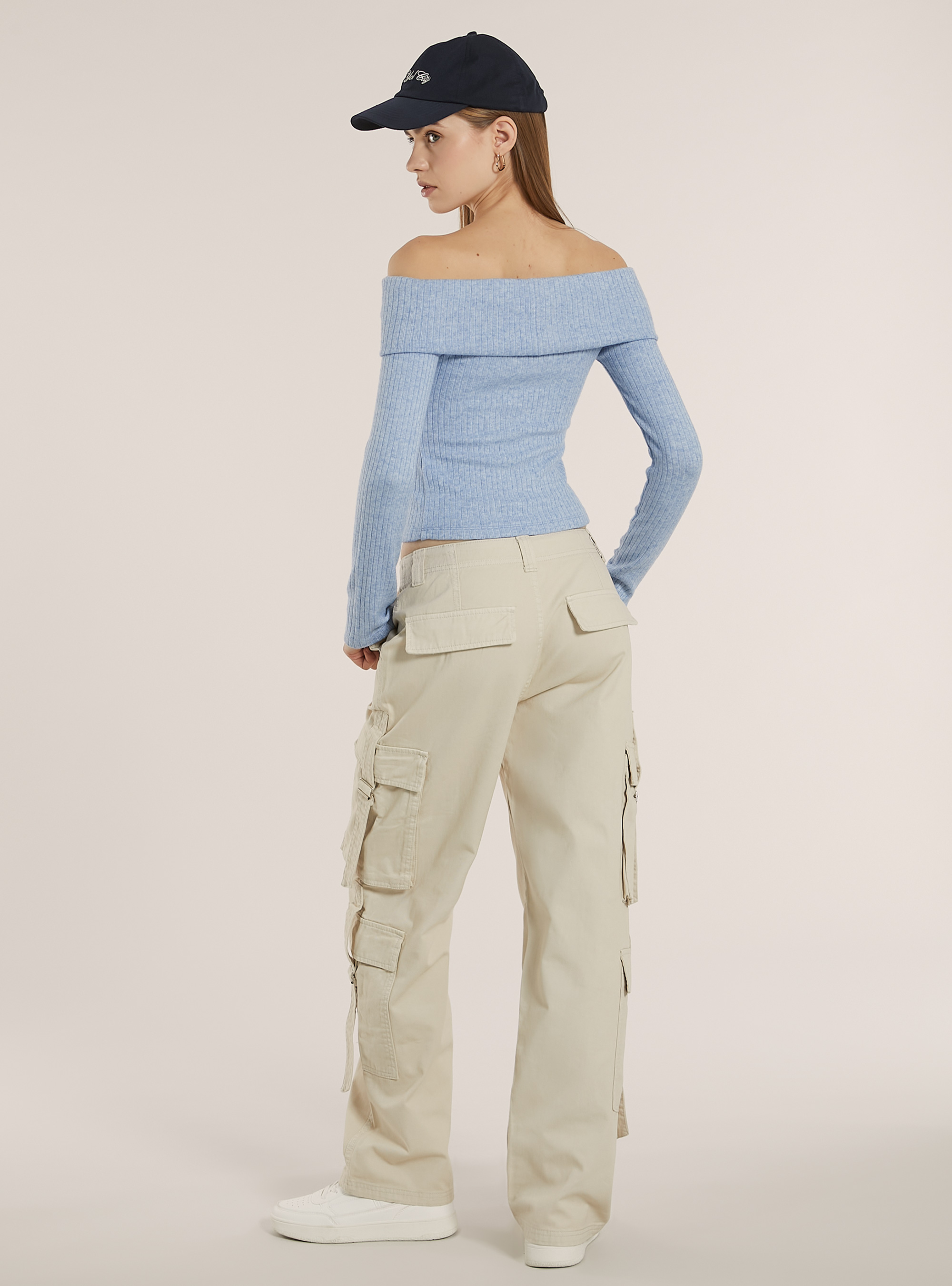 Pullover with ribbed bardot neckline, MAZ2 AZURE MEL MEDIUM