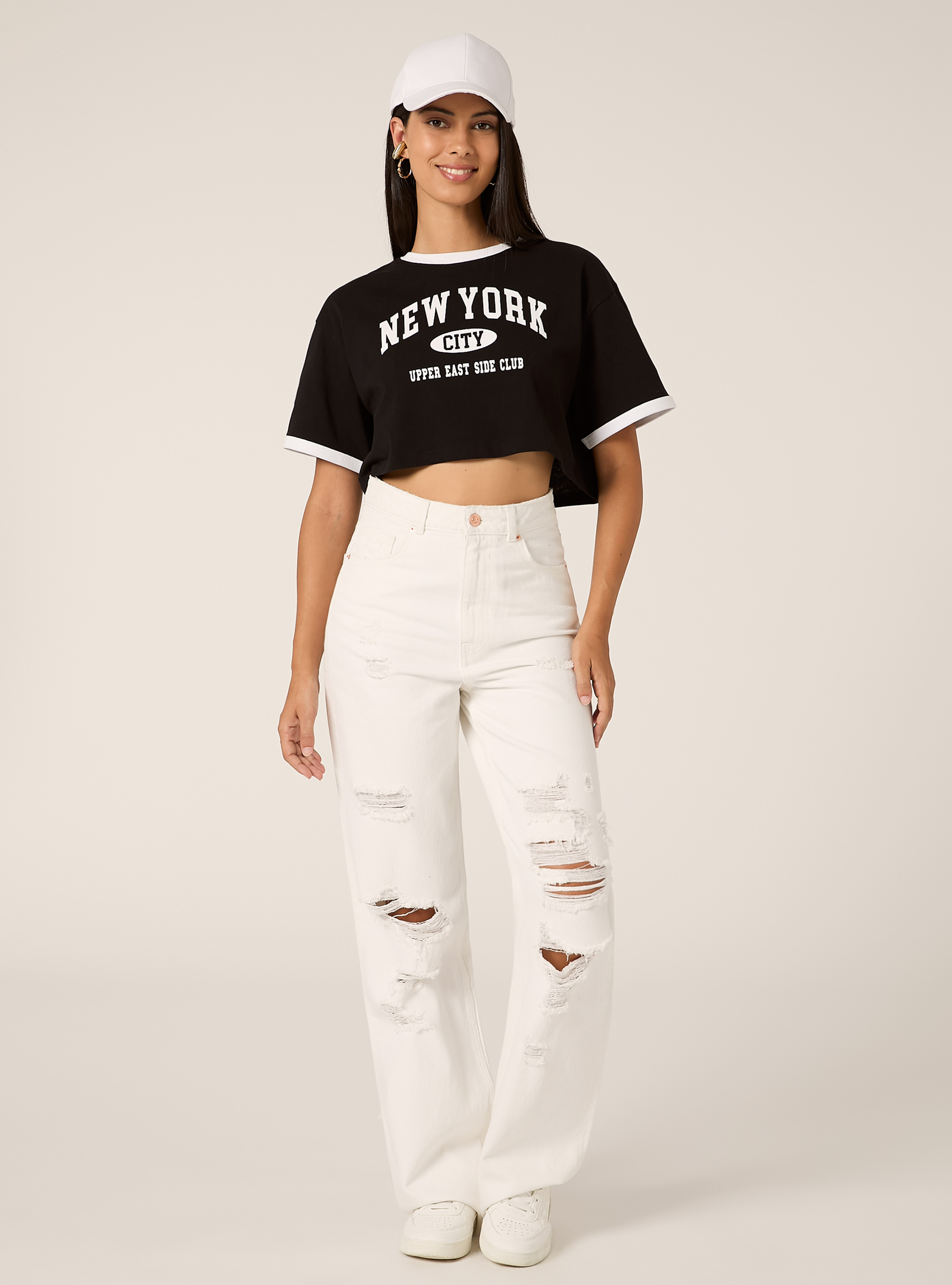 Cropped-T-Shirt mit College-Print, BK1 BLACK