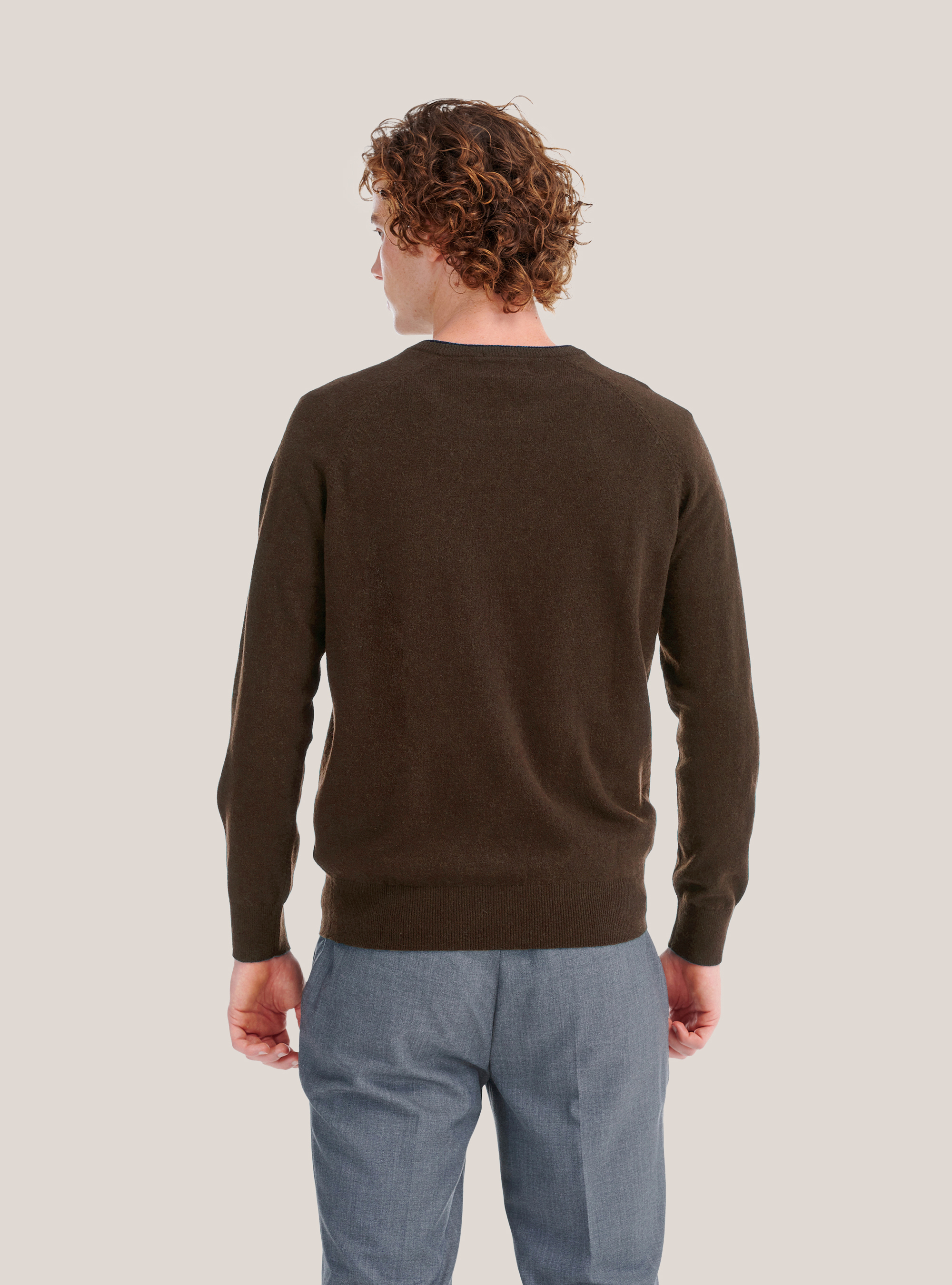 Maglione girocollo con bordo a contrasto, MARRONE MELANGE