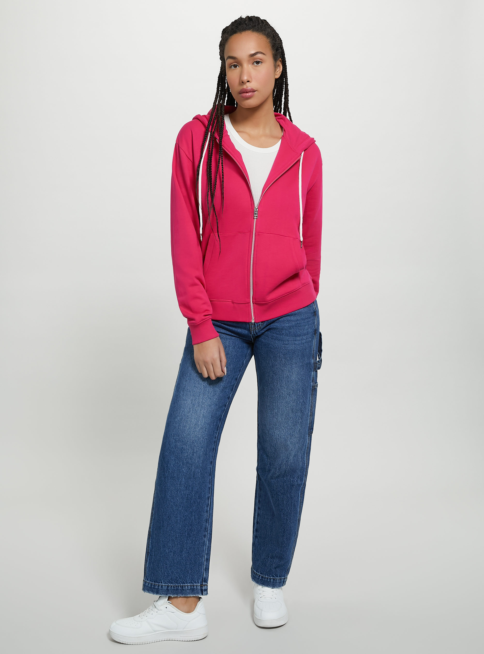 Felpa basic in cotone con zip e cappuccio, FUXIA