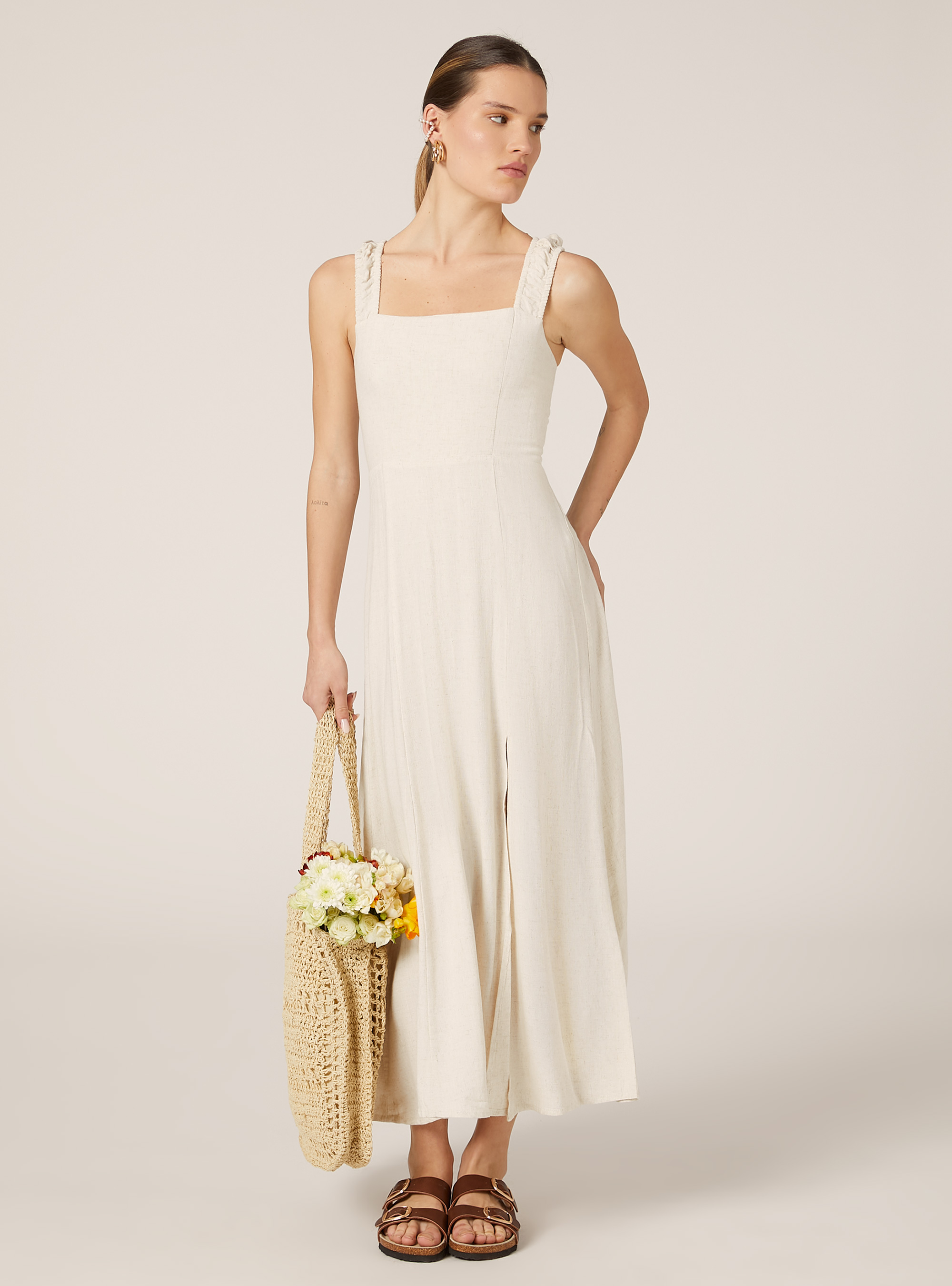 Linen-blend dress with open back, MBG3 BEIGE MEL LIGHT