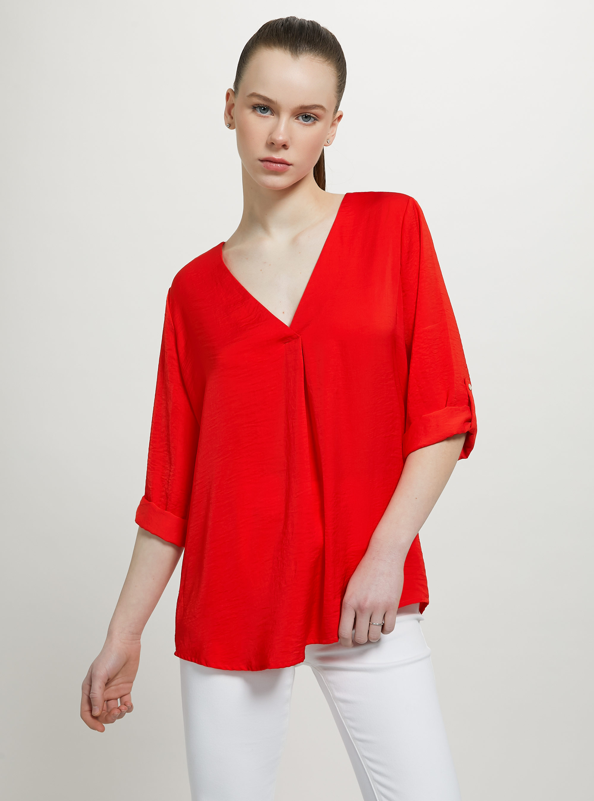 Blusa lisa con escote, RD2 RED MEDIUM