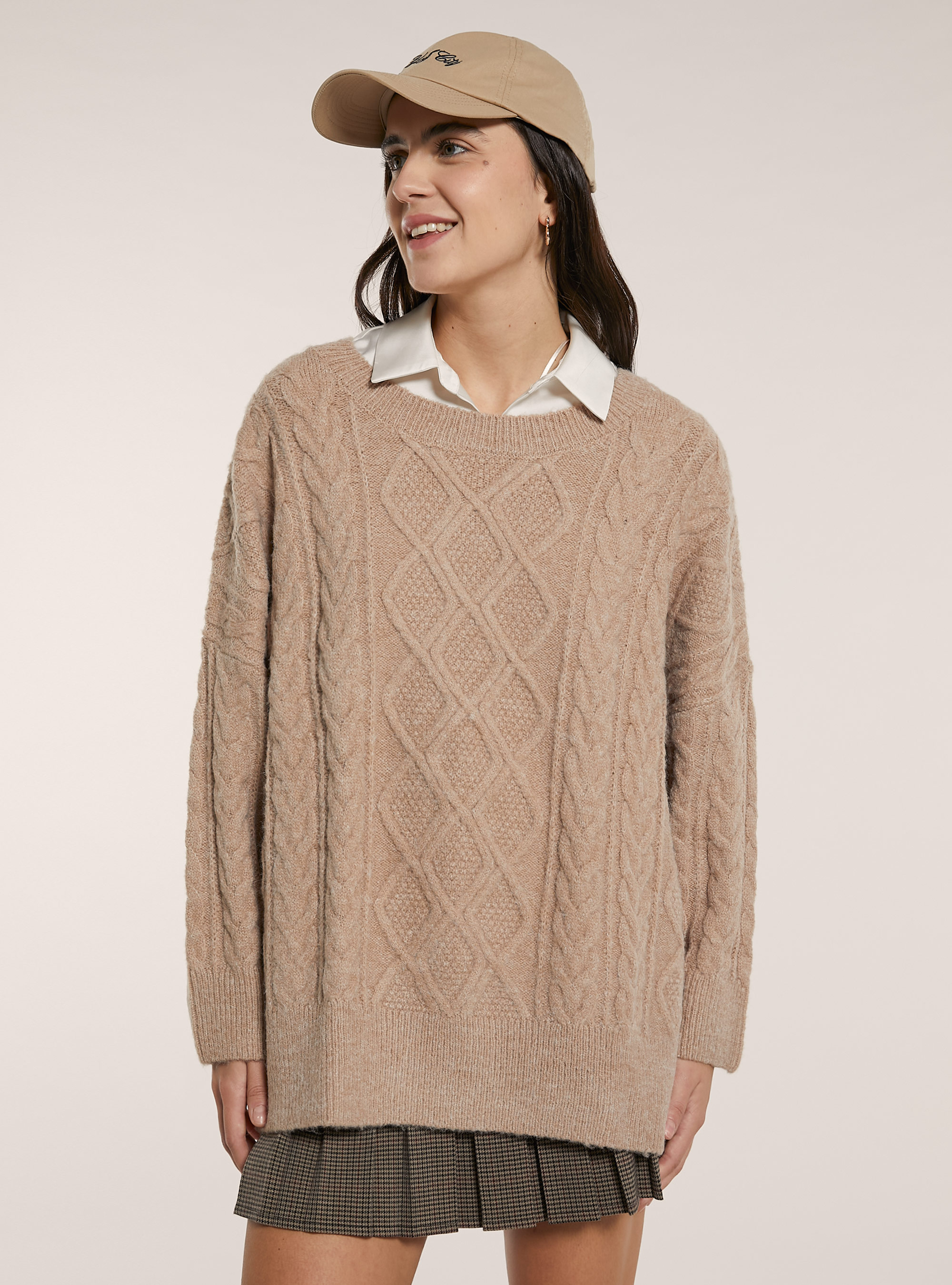 Pullover over a trecce, MBG1 BEIGE MEL DARK