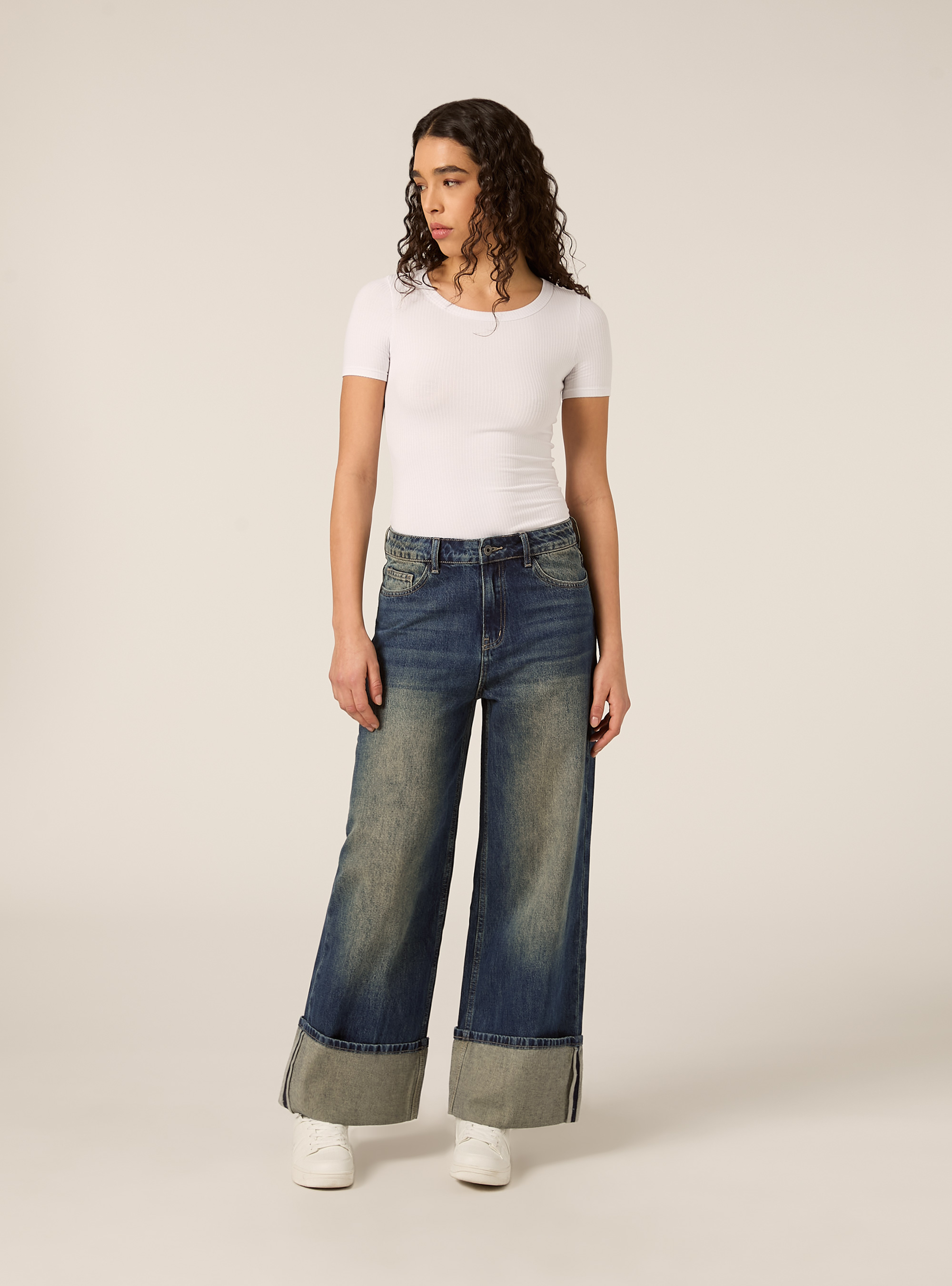 Jeans straight wide con piegone al fondo, D003 MEDIUM BLUE