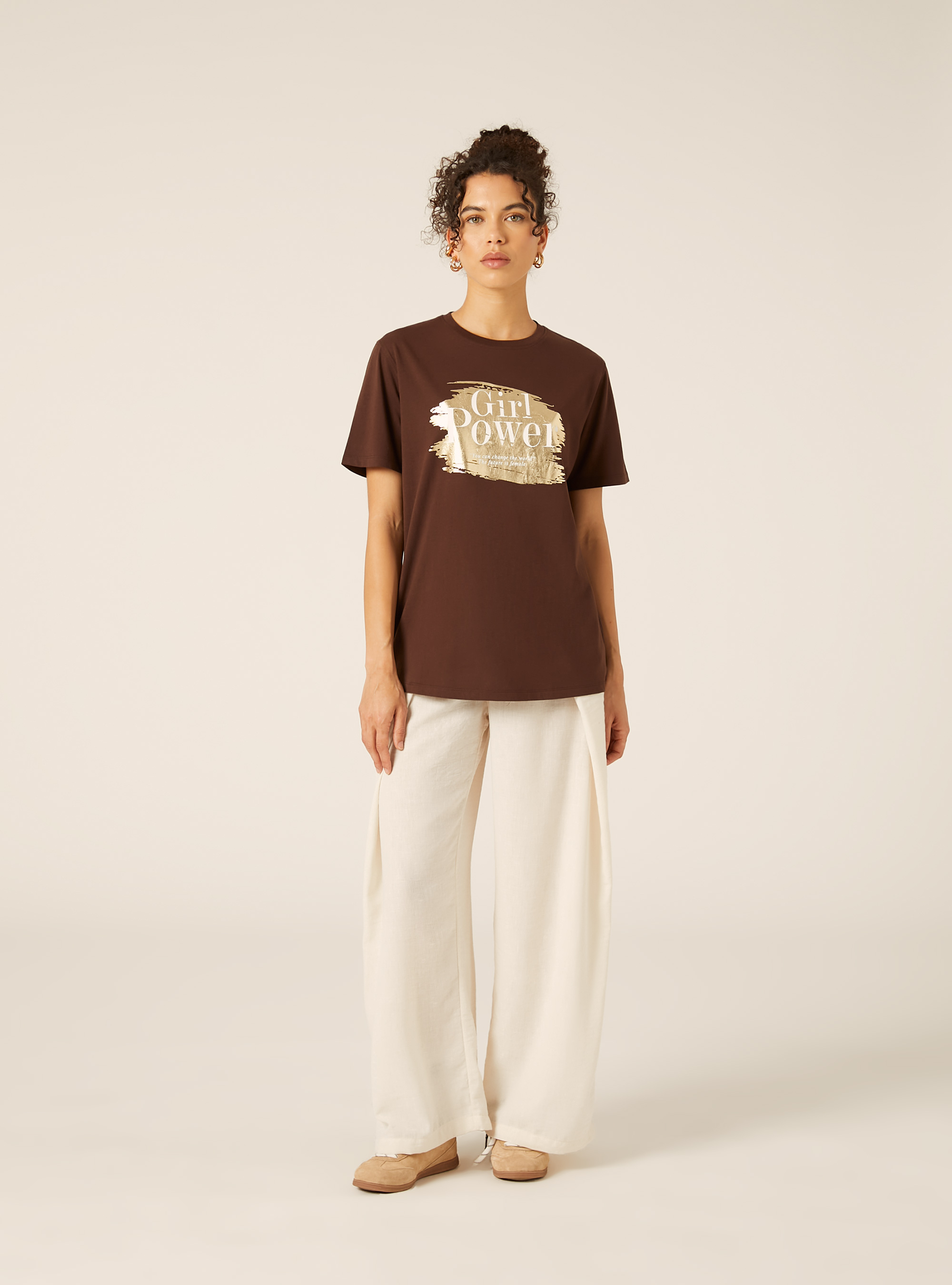 T-Shirt Coupe Regular &agrave; Imprim&eacute; Graphique Girl Power, BR1 BROWN DARK