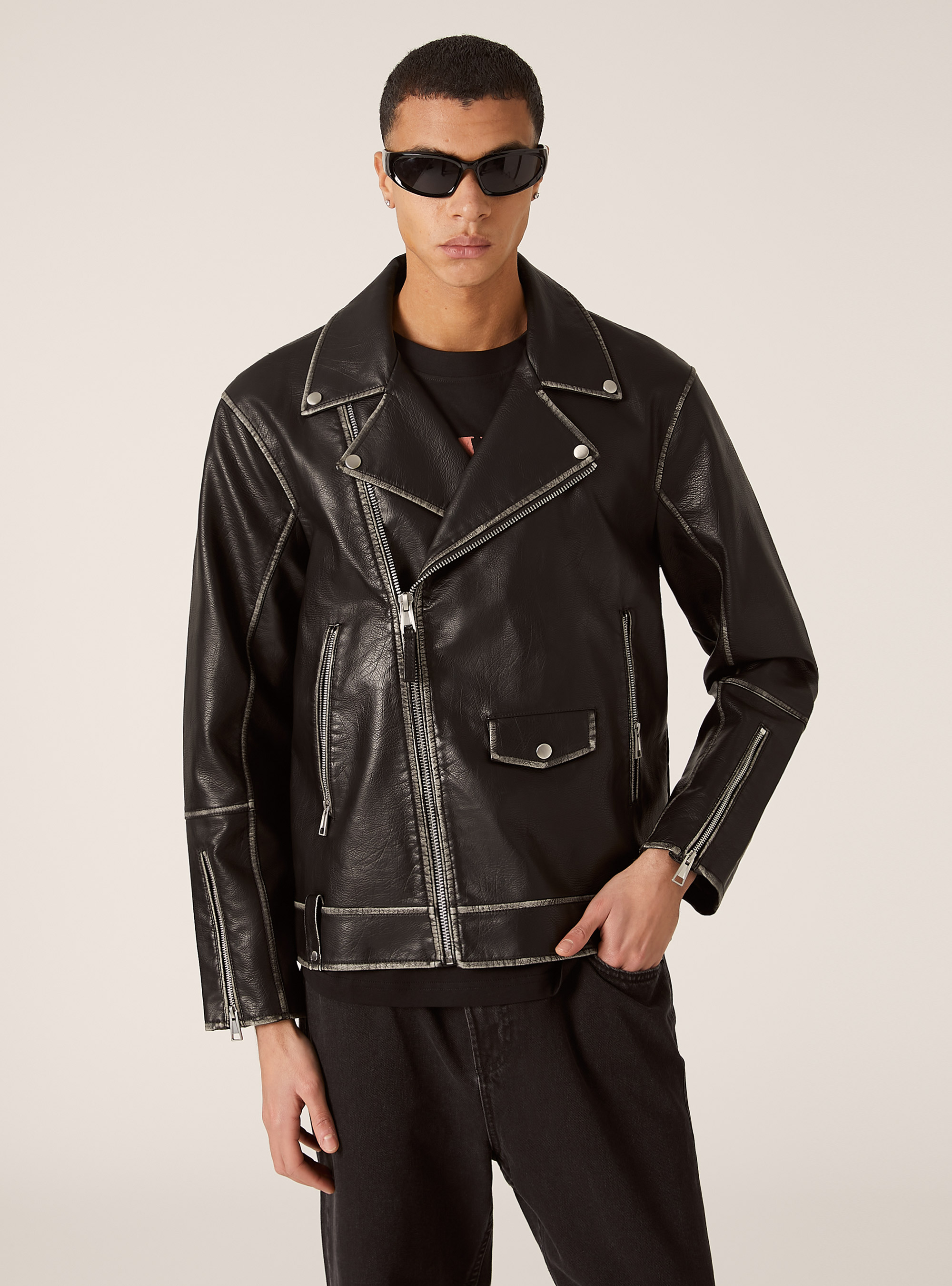 Vintage effect biker jacket, BK1 BLACK