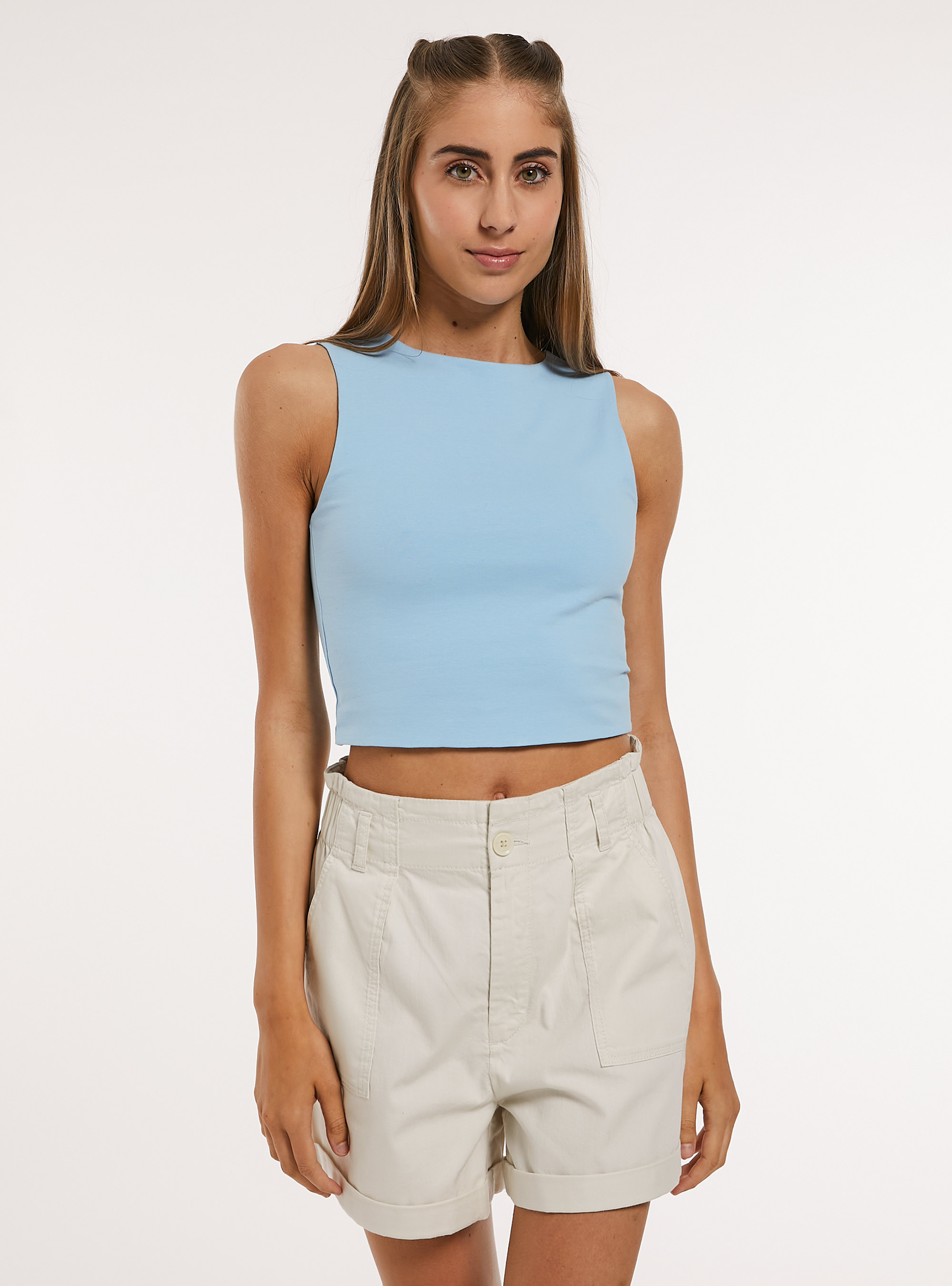 Canotta basica in jersey elasticizzato crop fit, AZ2 AZURE MEDIUM