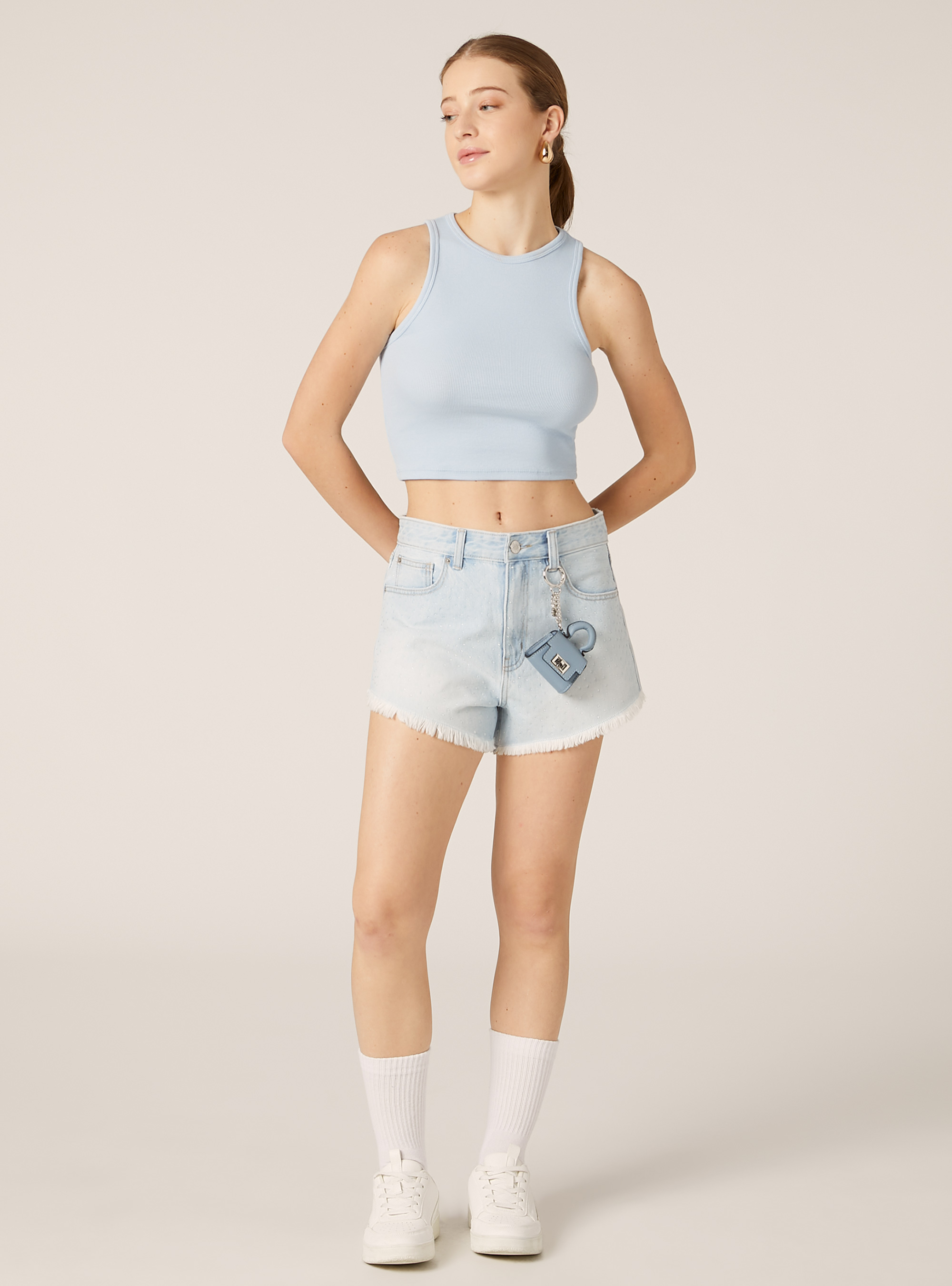 Denim shorts with rhinestones, D006 AZURE