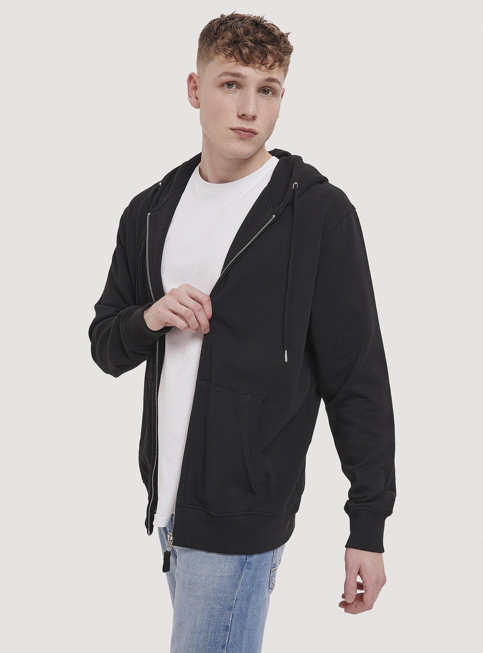 Basic hooded sweatshirt in cotton, BLACK