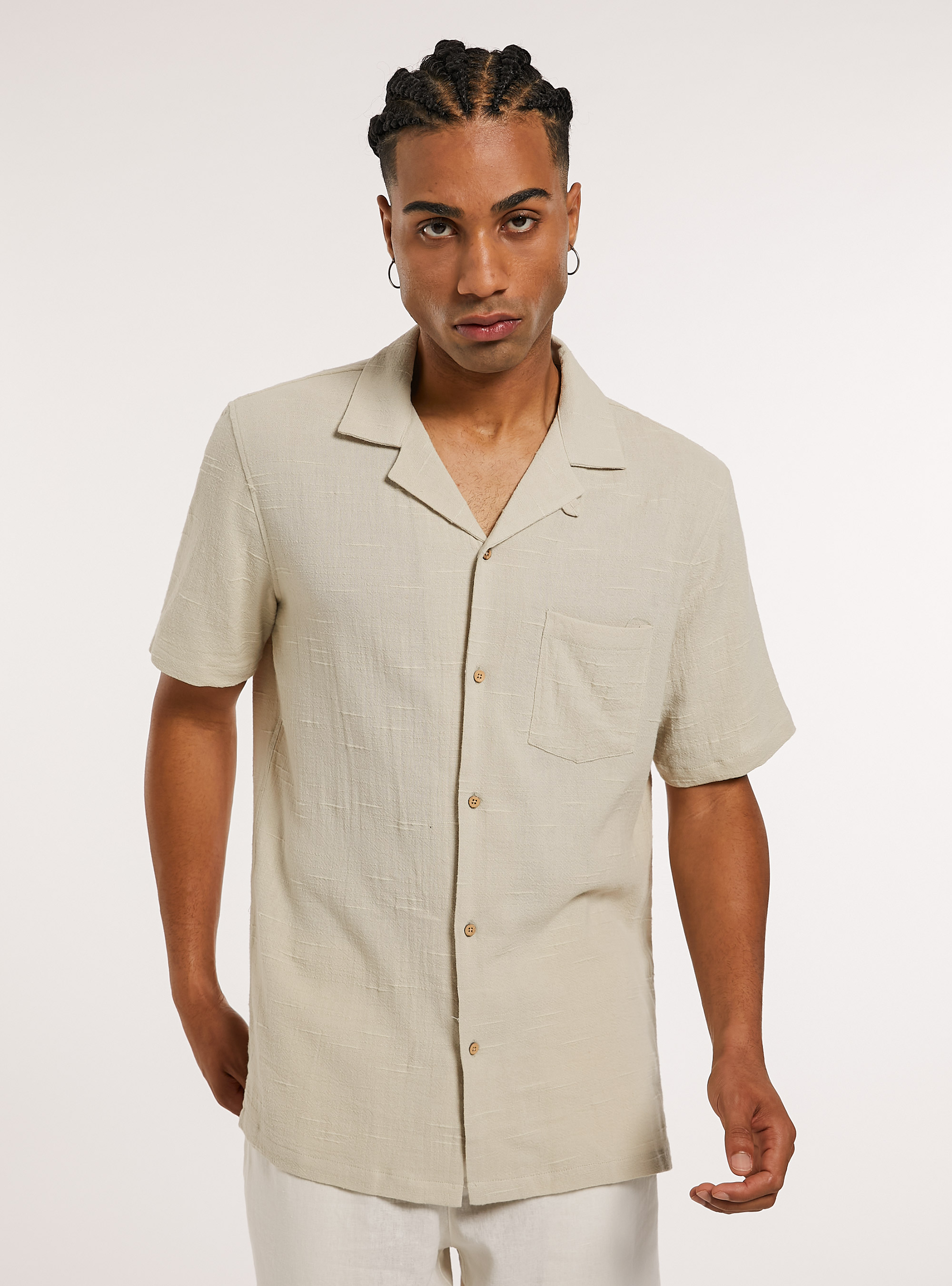 Camicia in misto lino a maniche corte, BG3 BEIGE LIGHT