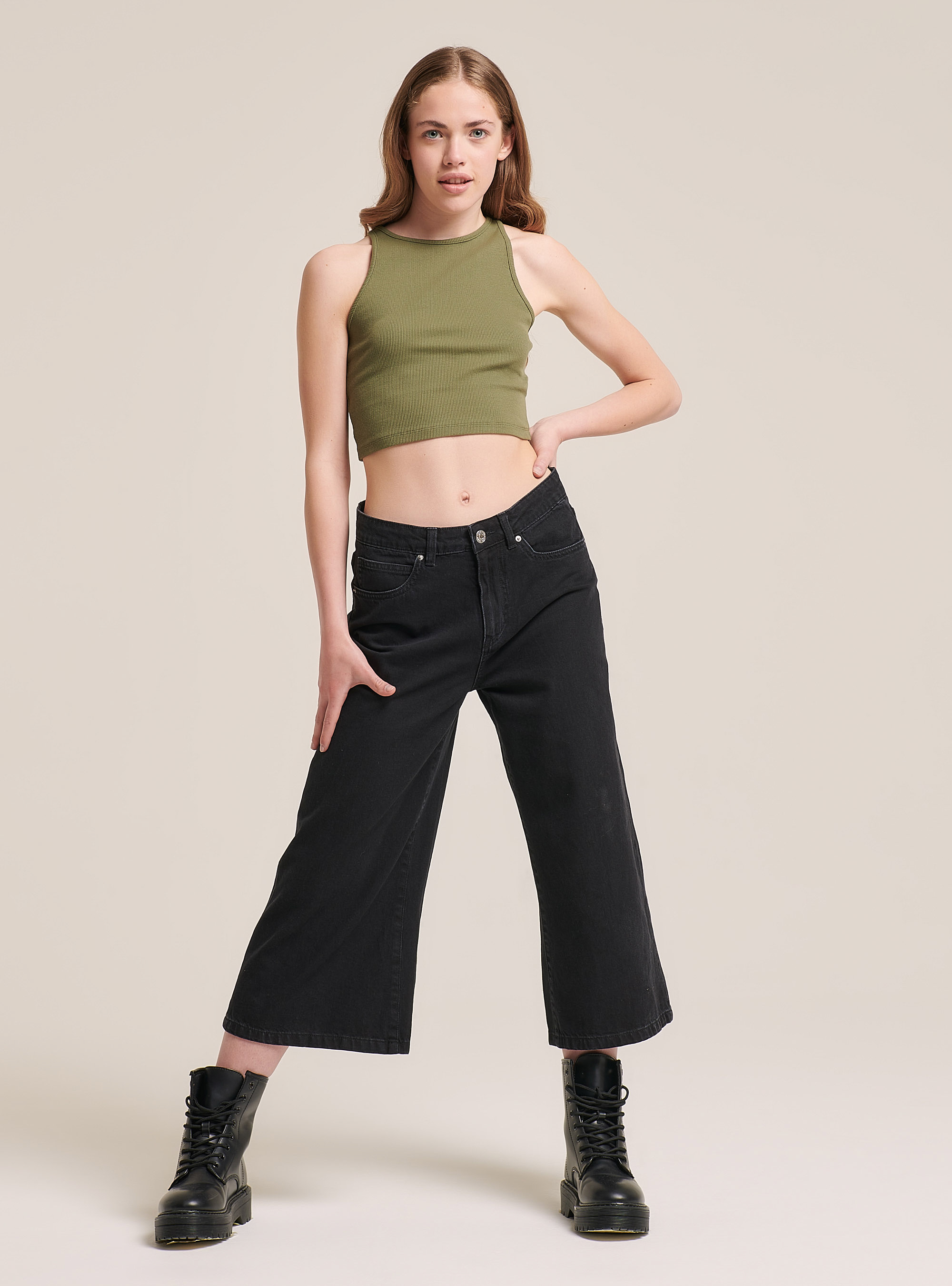 Elastic ribbed crop top in cotton, C0606 KAKY