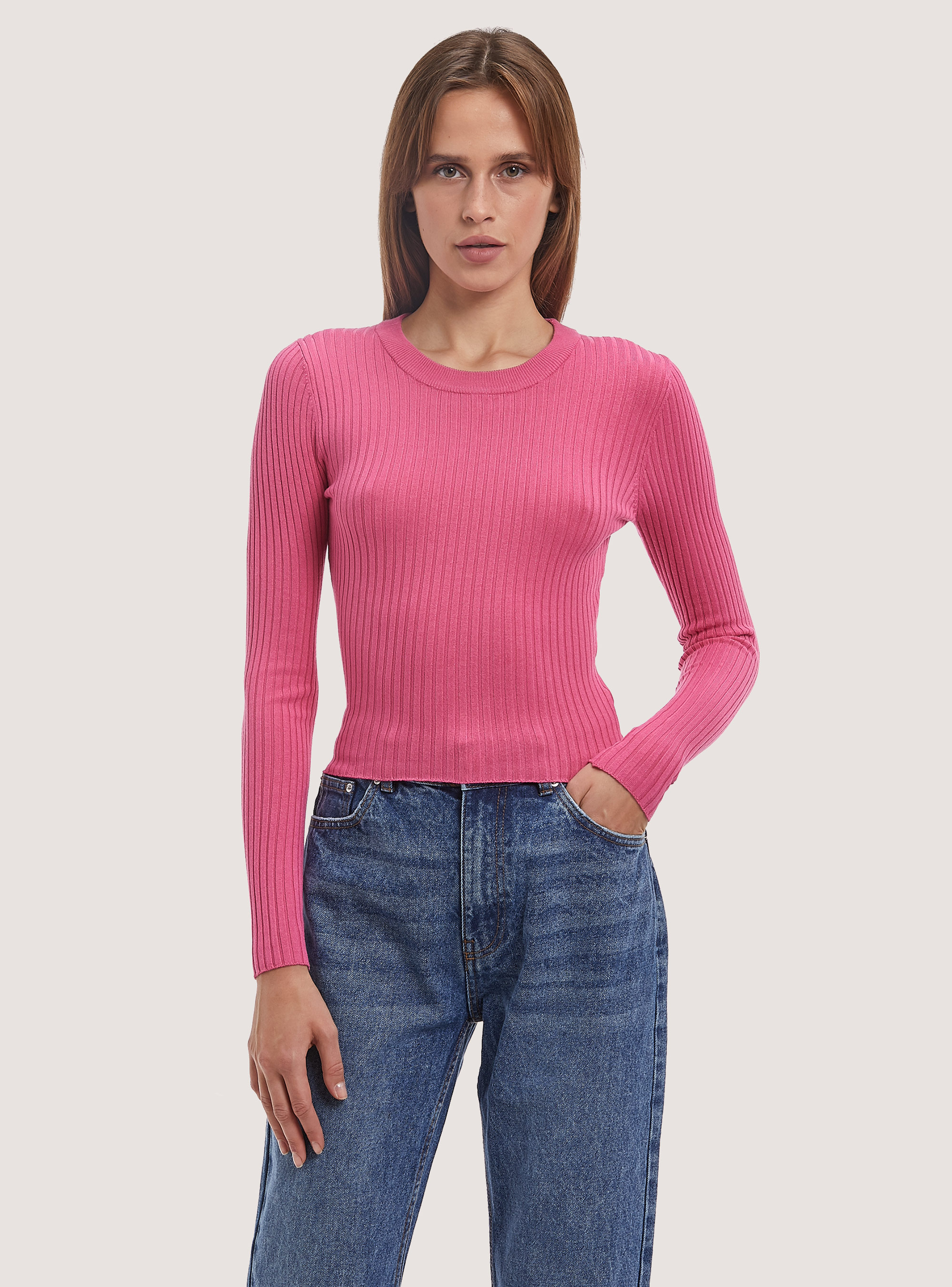 Soft cropped ribbed stretch pullover, MPK1 PINK MEL DARK