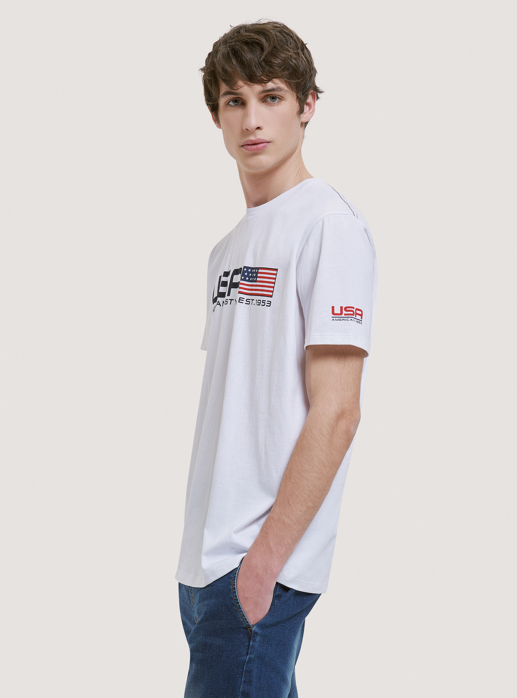 Camiseta de algod&oacute;n con estampado USA, BLANCO