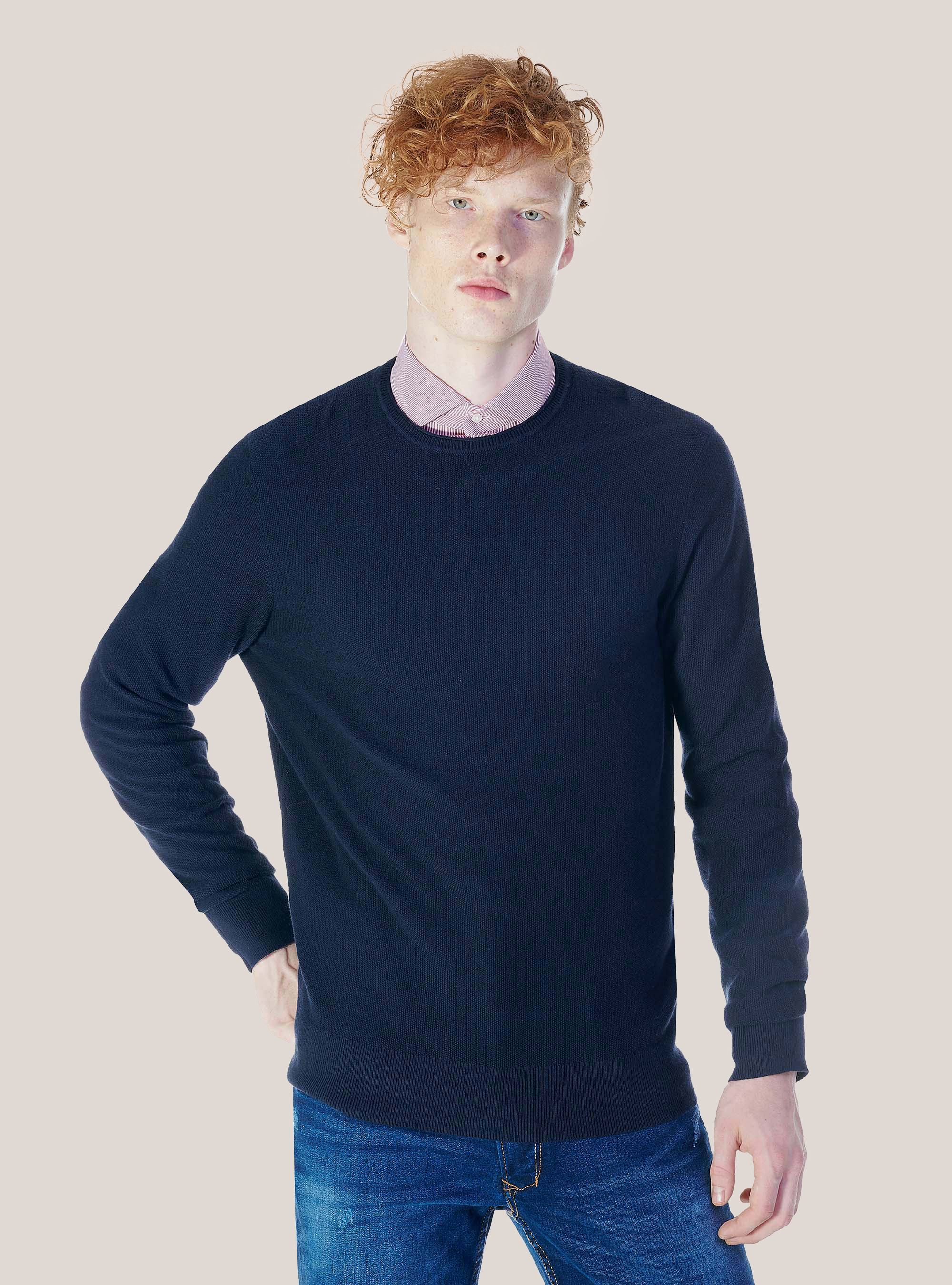 Maglia girocollo in misto cashmere, BLU MARINO
