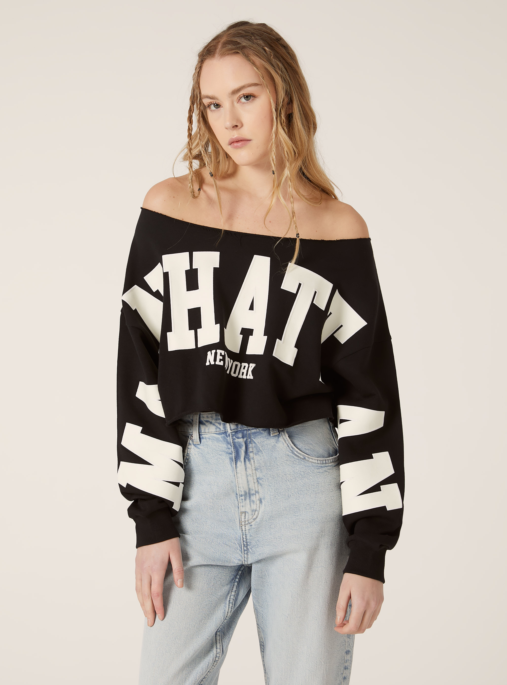 Sweatshirt court aux &eacute;paules d&eacute;nud&eacute;es, BK1 BLACK