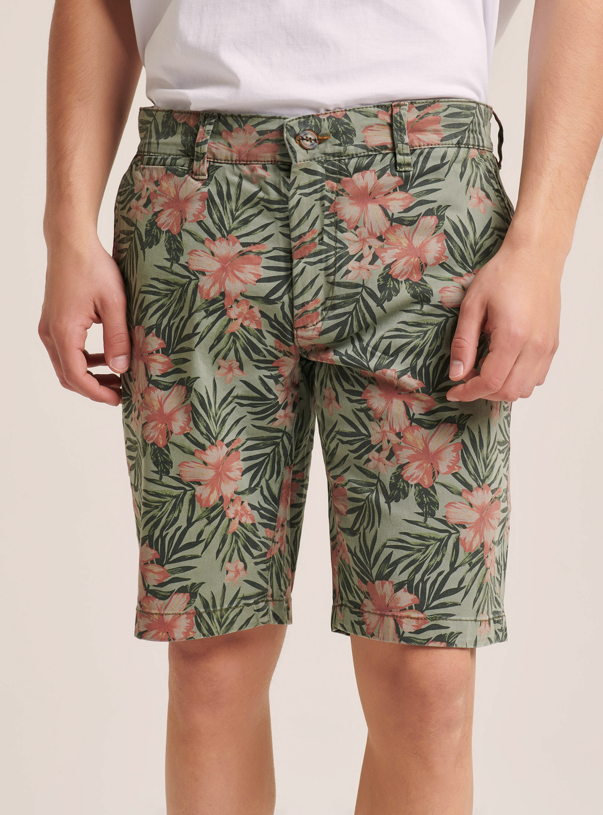 Bermuda in twill stretch con fantasia floreale, KAKI