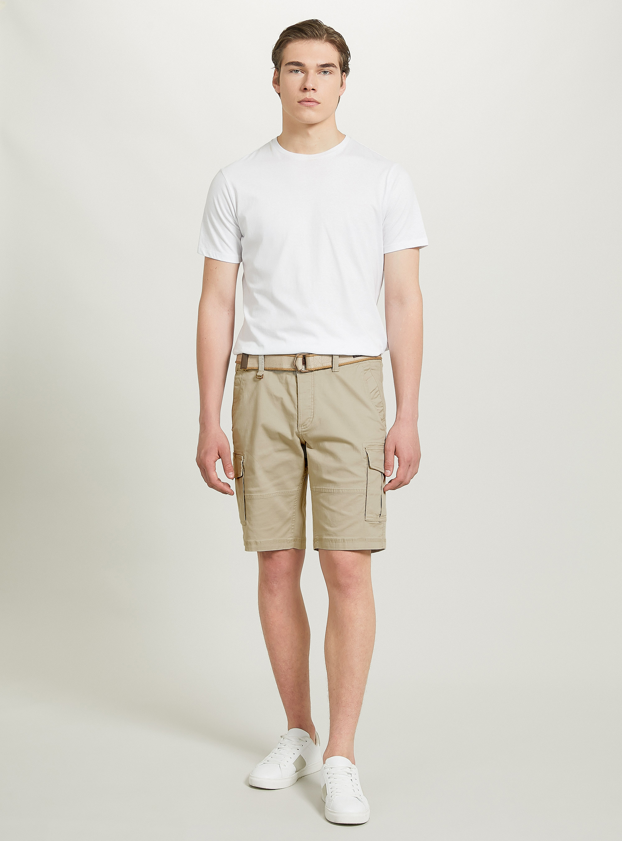 Cotton cargo bermuda shorts with canvas belt, SA2 SAND MEDIUM