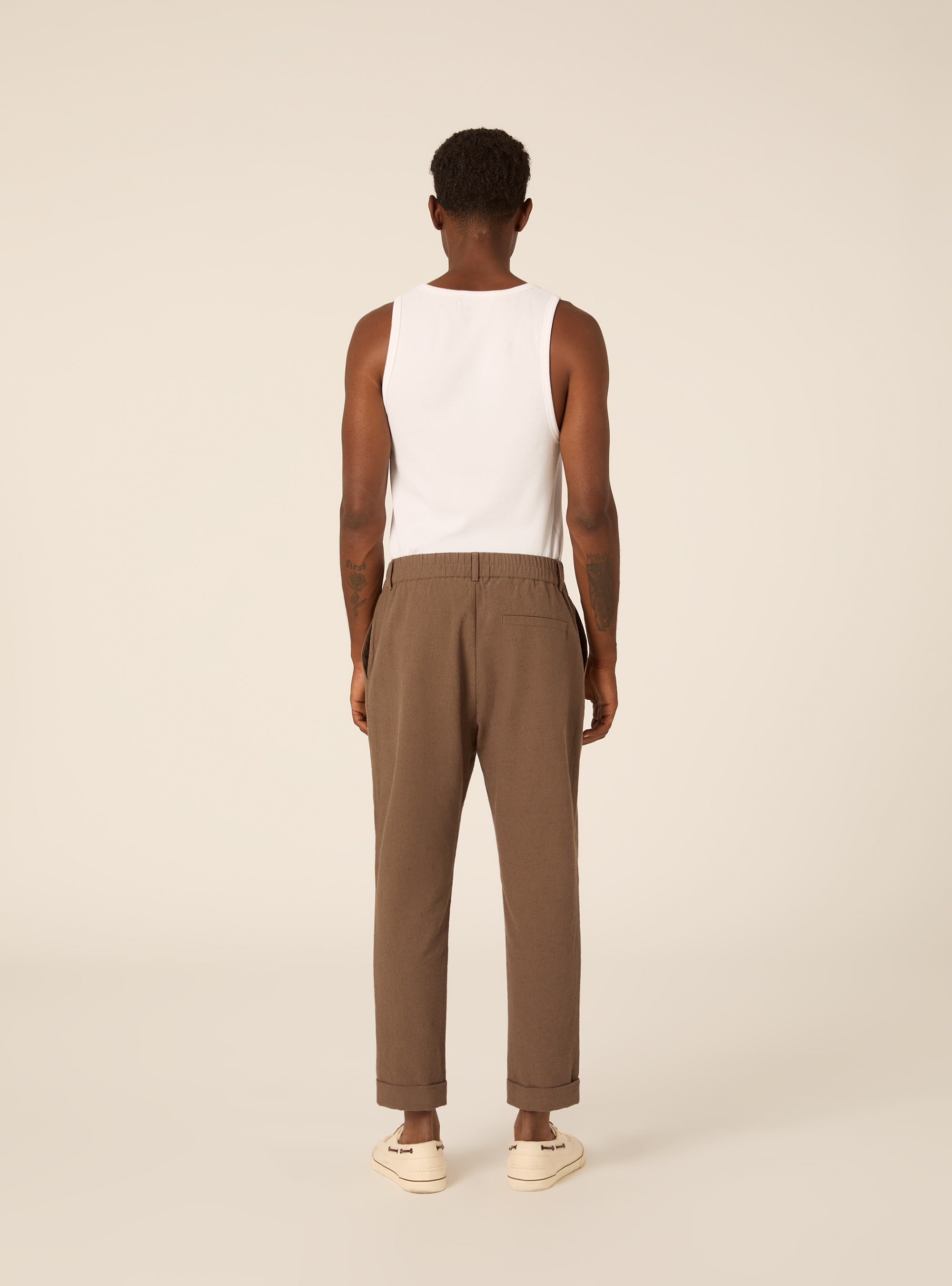 Pantalone con elastico in vita in misto lino, MBR2 BROWN MEL MED