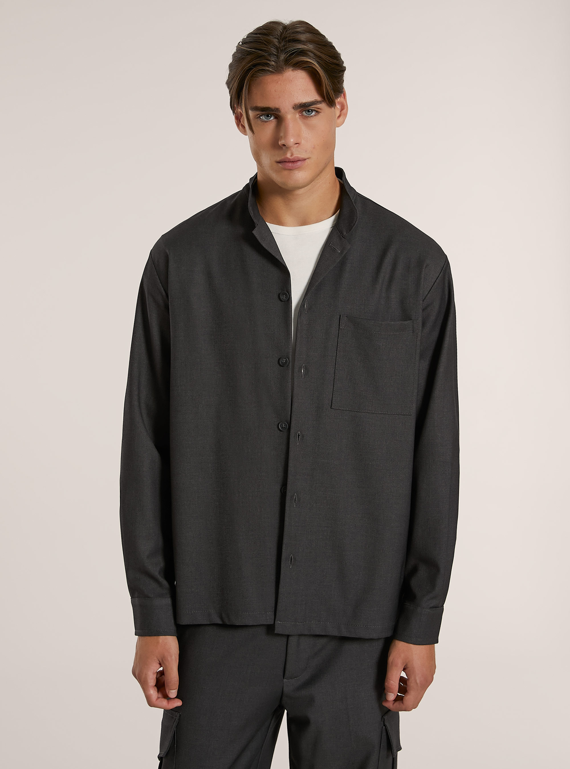 Camicia collo coreano con taschin in misto viscosa, GY1 GREY DARK
