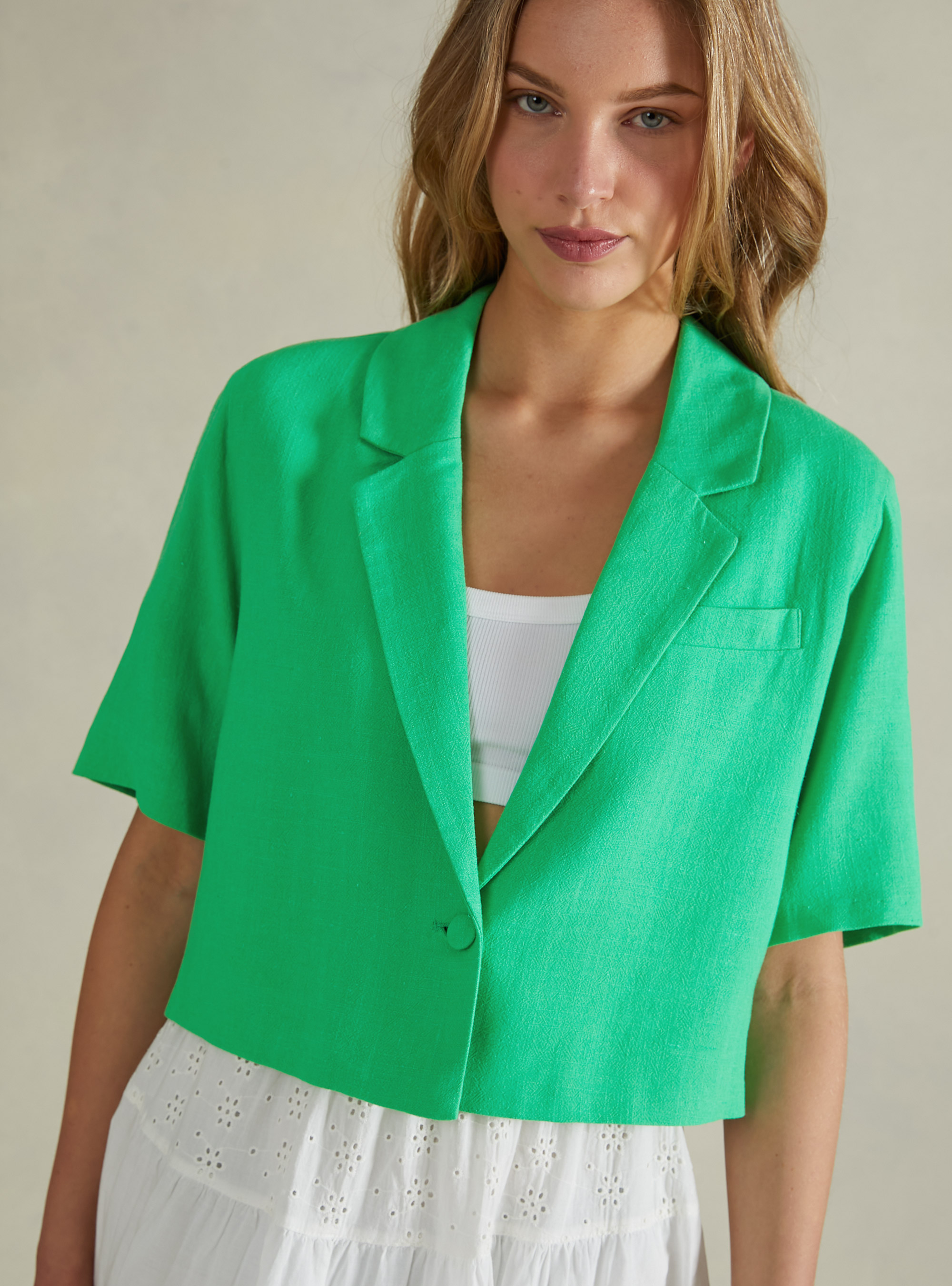 Linen blend cropped blazer, GN3 GREEN LIGHT