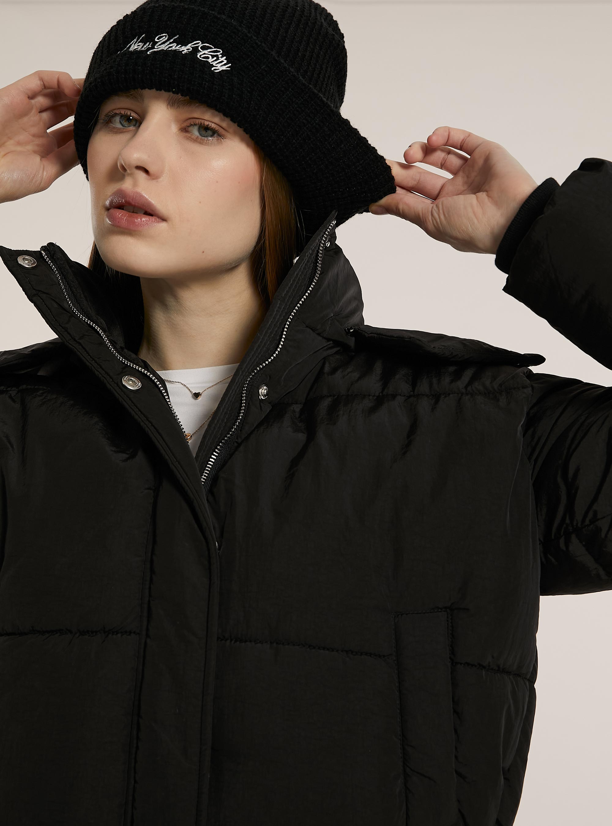 Puffy jacket with removable hood, BK1 BLACK