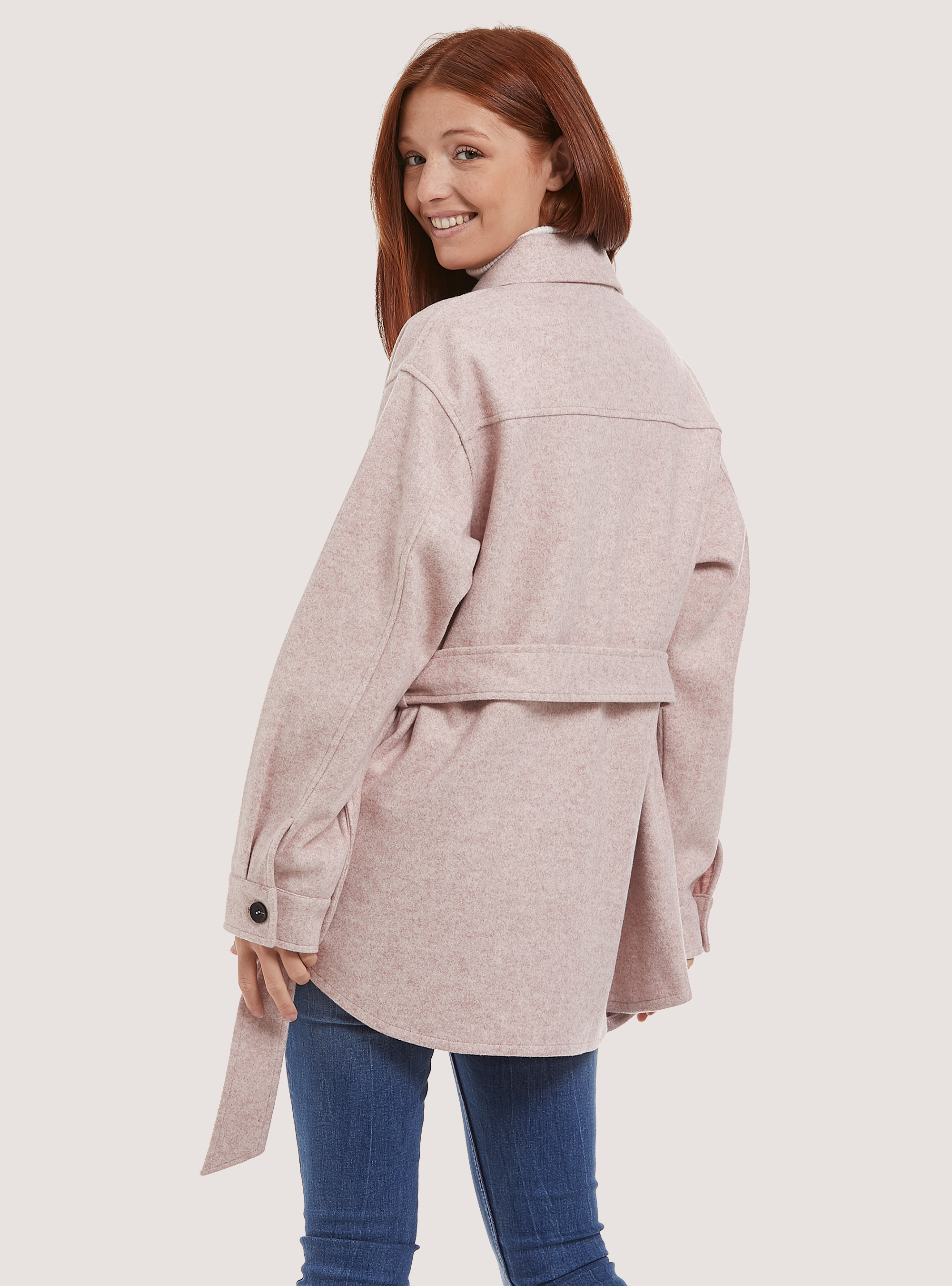 Oversize soft touch shirt jacket with belt, MKP3 PINK MEL LIGHT