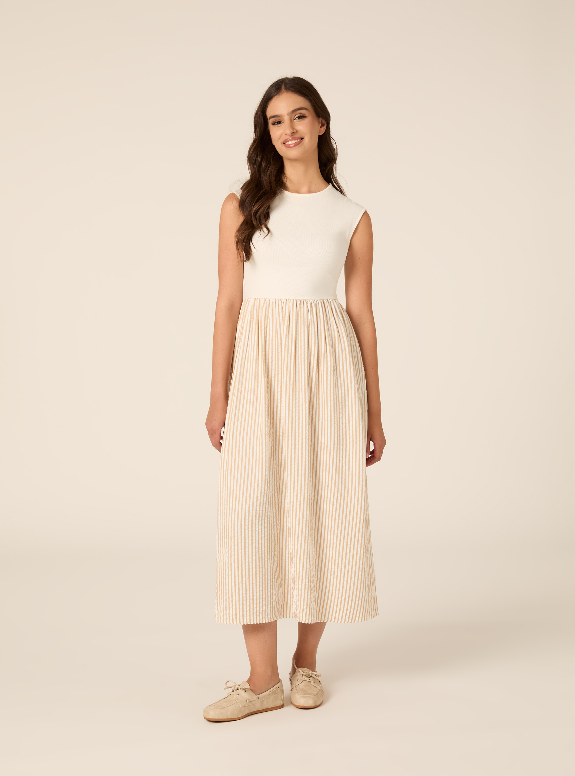 Robe Midi Bi-Mati&egrave;re Sans Manches &agrave; Rayures, WH1 OFF WHITE