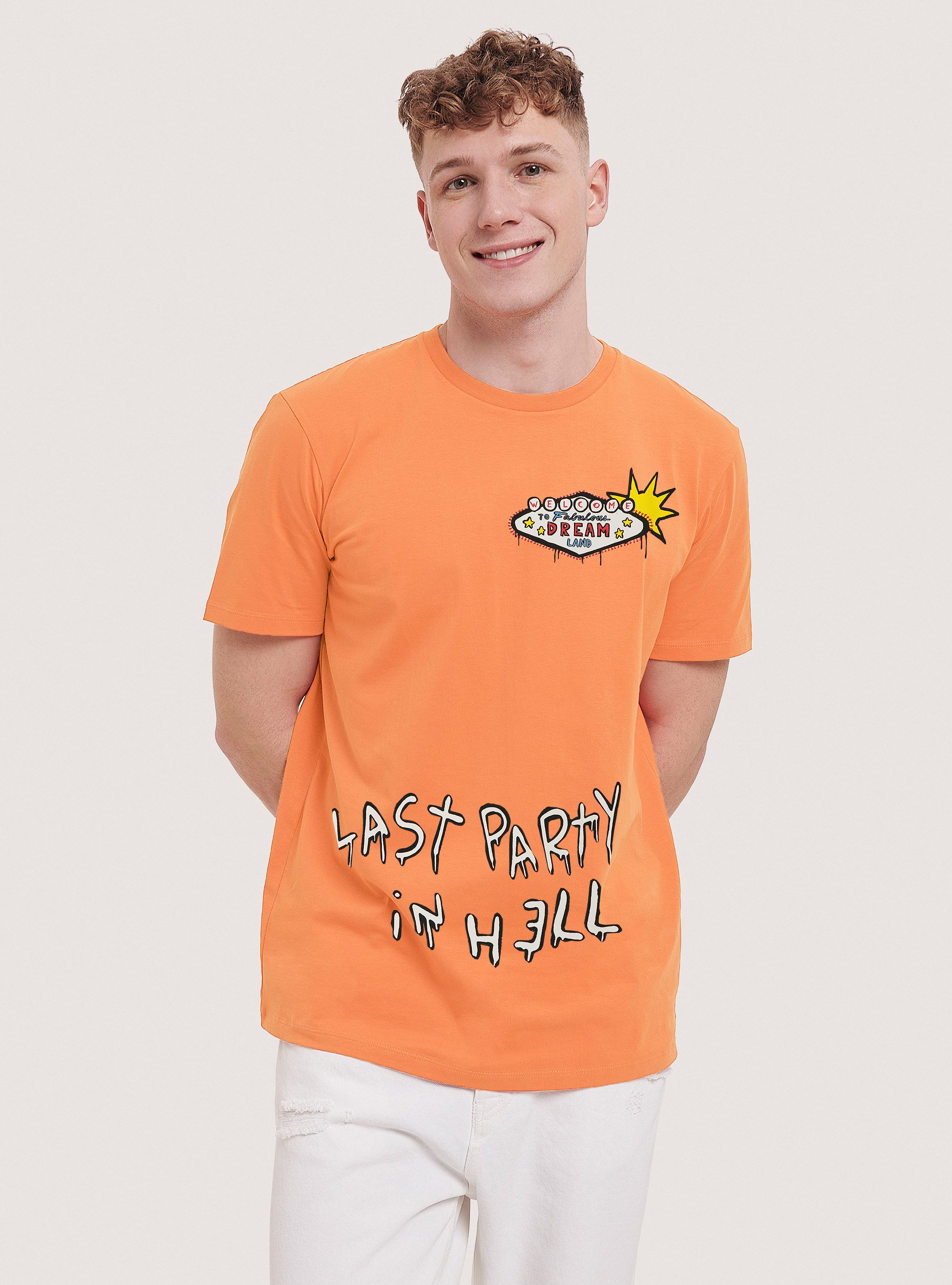 Cotton T-shirt with print, OR3 LIGHT ORANGE