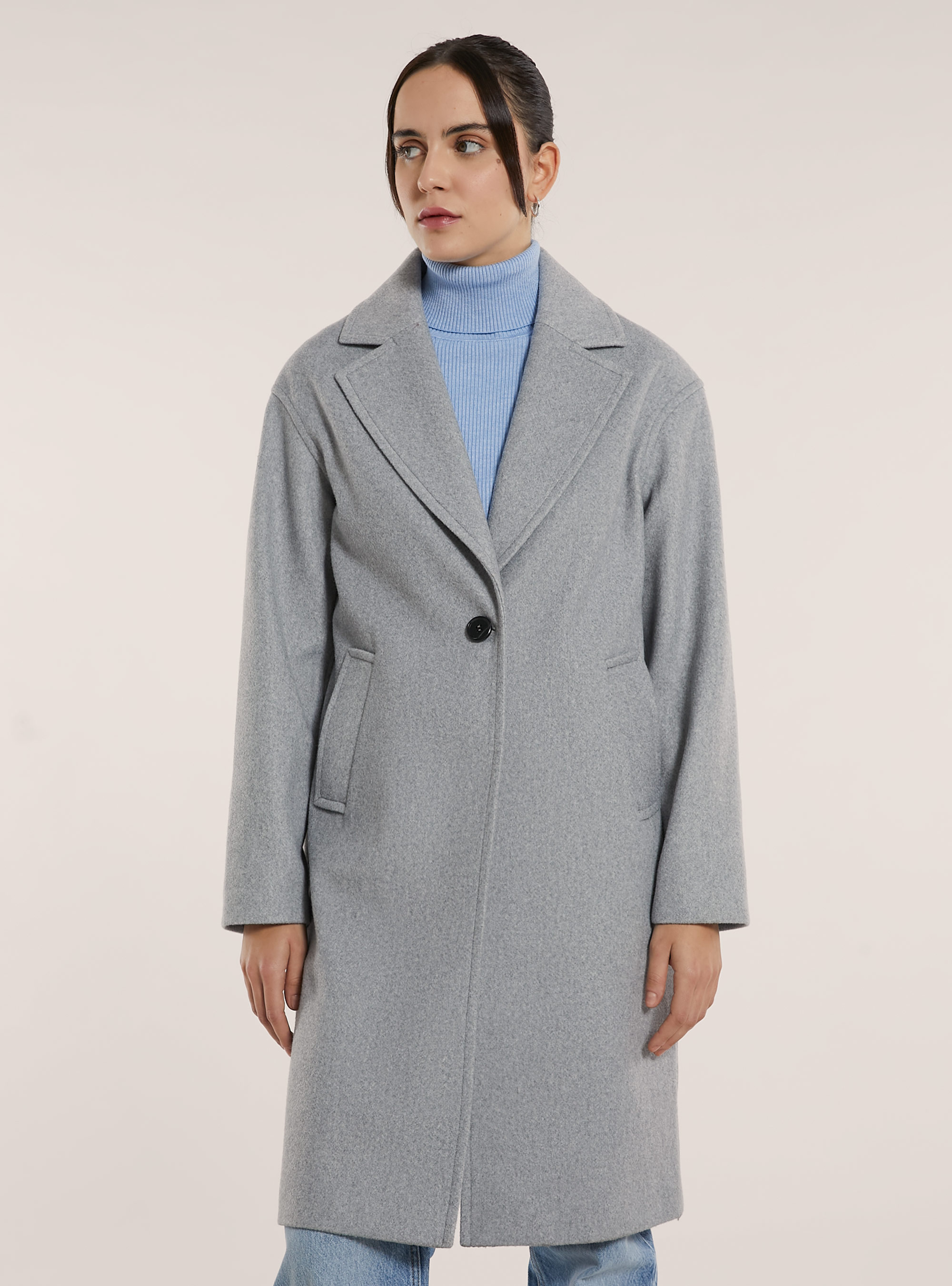 Plain single-breasted coat, MGY3 GREY MEL LIGHT