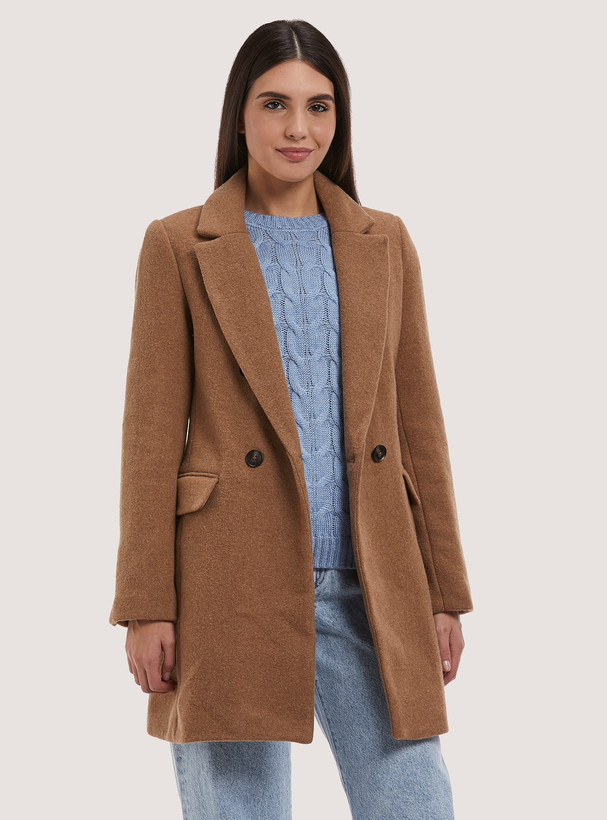 Wool blend double-breasted coat, C5508 TOBACCO