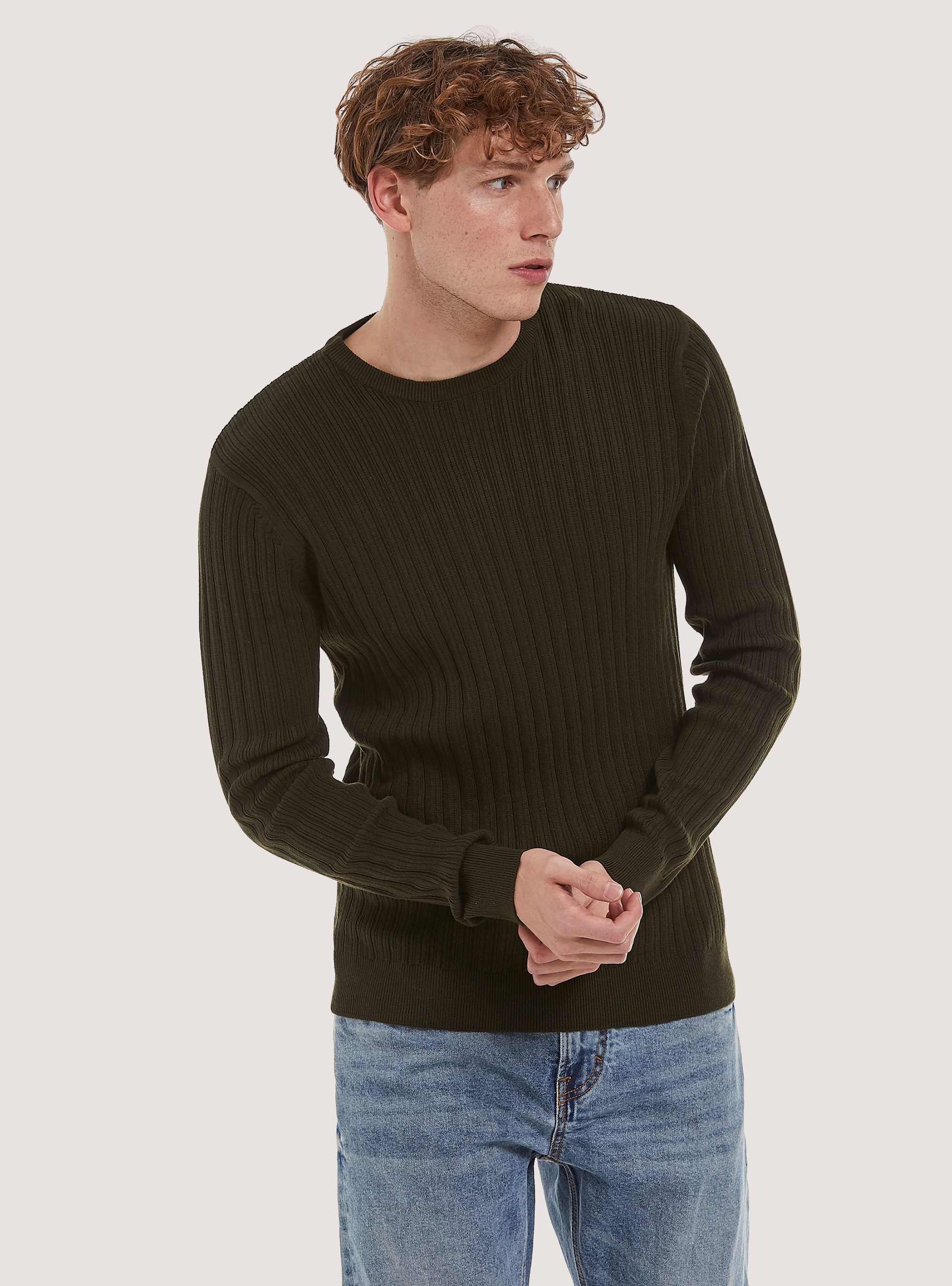 Crew-neck pullover with texture, KY1 KAKY DARK