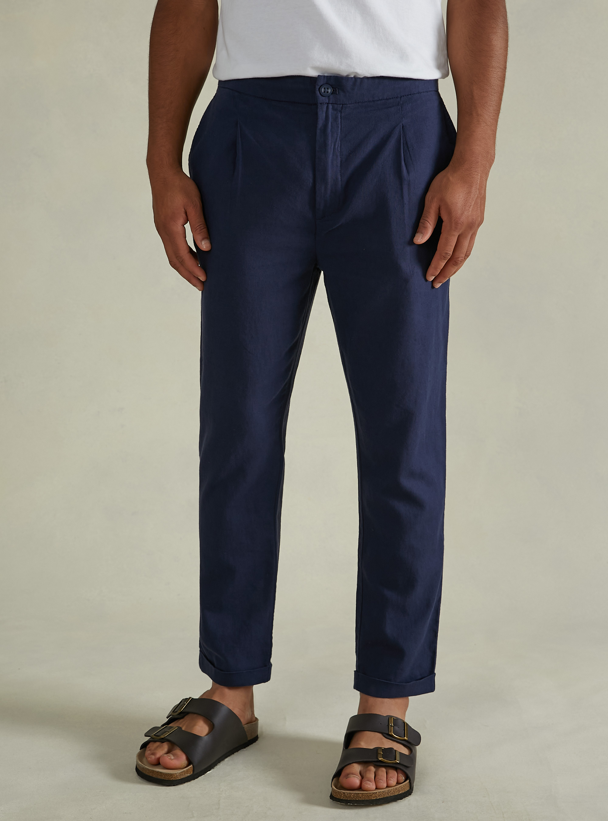 Pantalon en lin à plis, NA2 NAVY MEDIUM