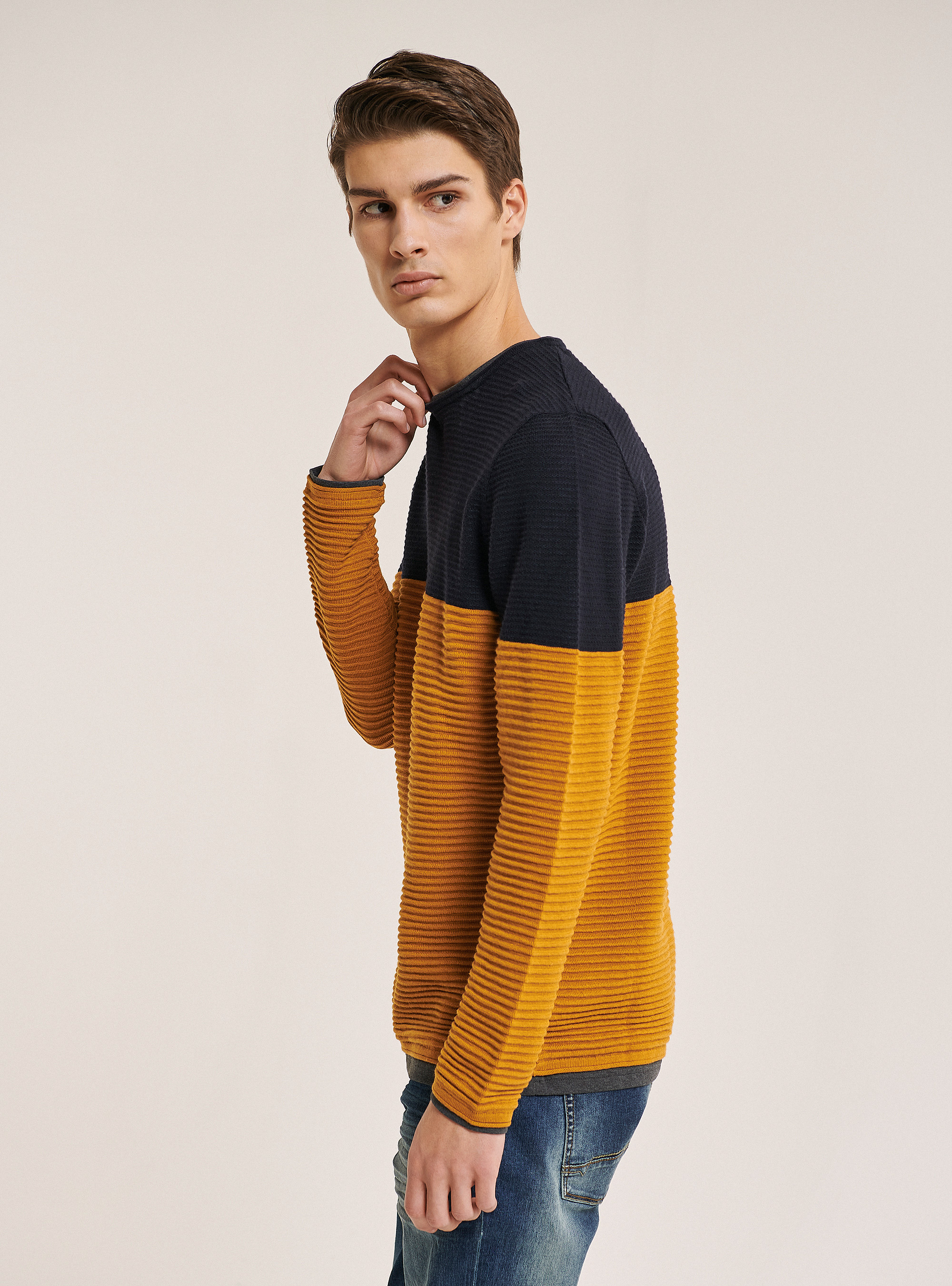 Rolling neck pullover with t-shirt details, BLUE NAVY
