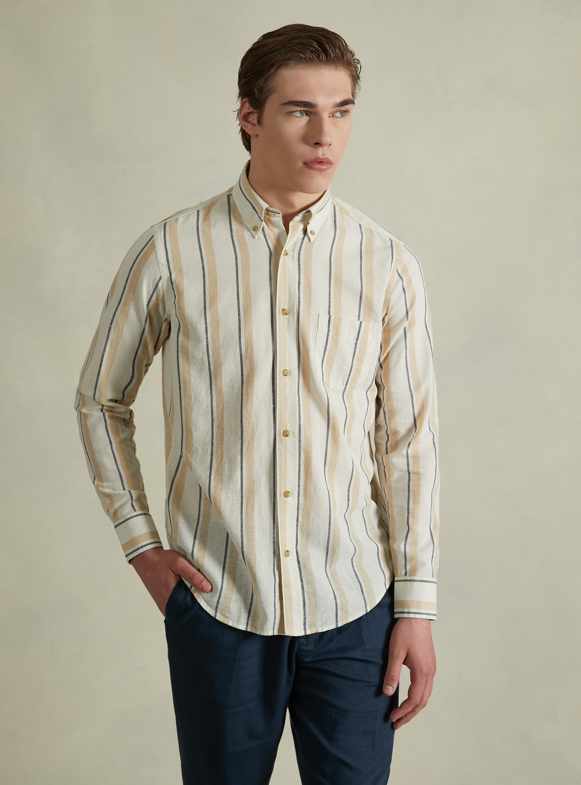 Striped linen blend shirt, BEIGE