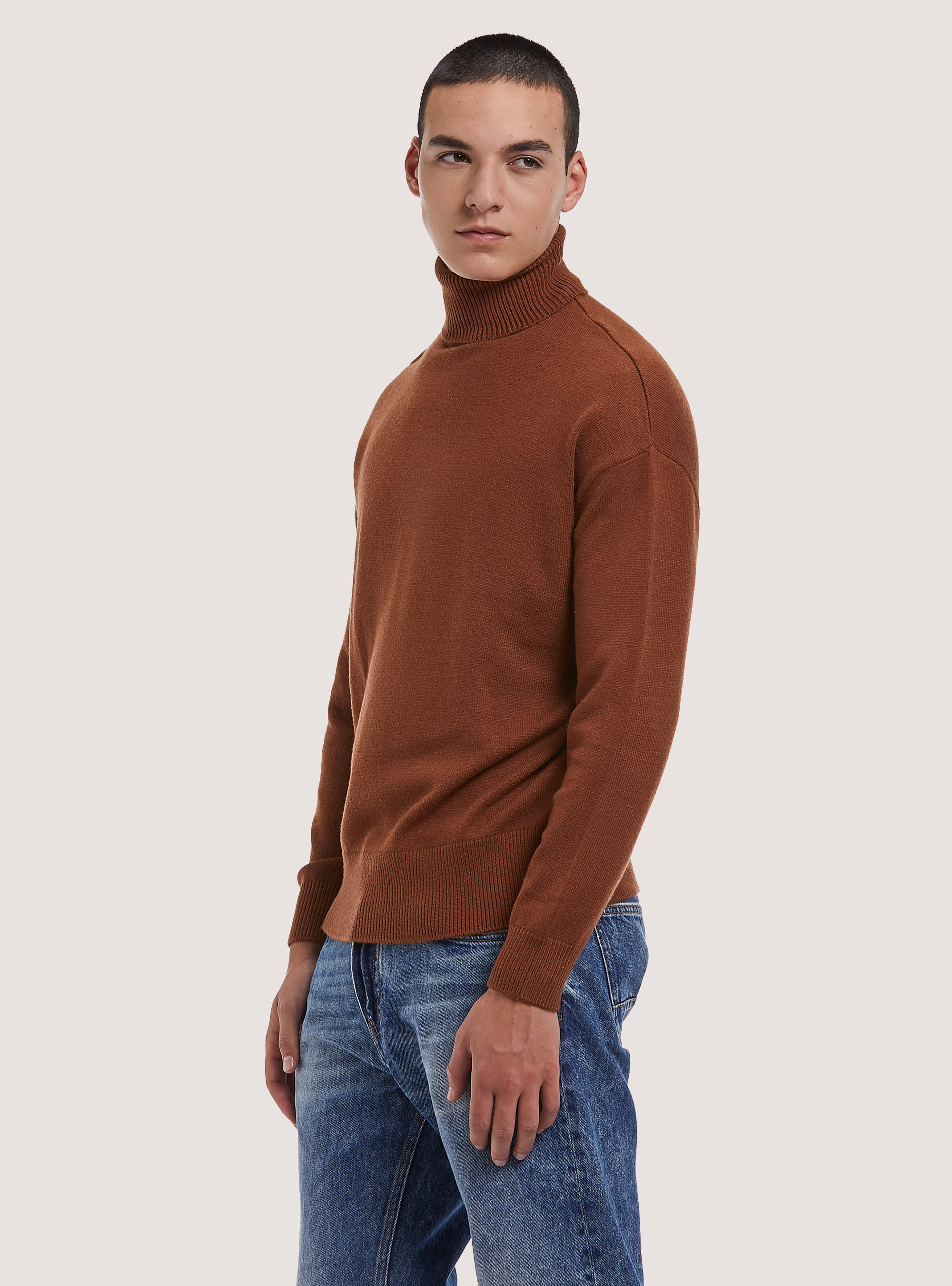 Pullover morbido collo alto boxy fit elasticizzato, TB1 TOBACCO DARK
