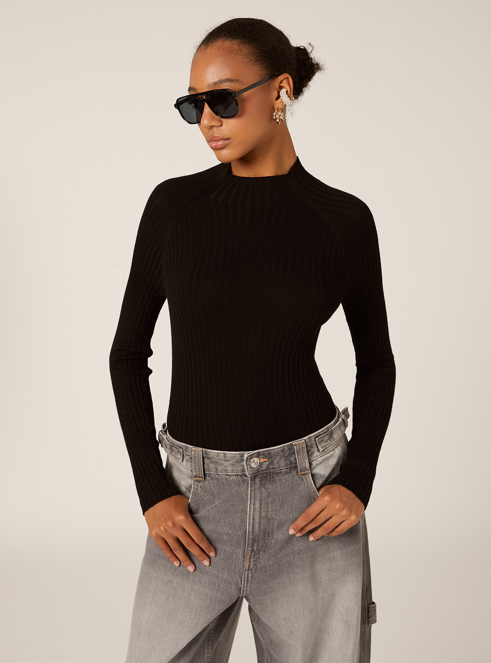 Mid-neck ribbed pullover, BK1 BLACK