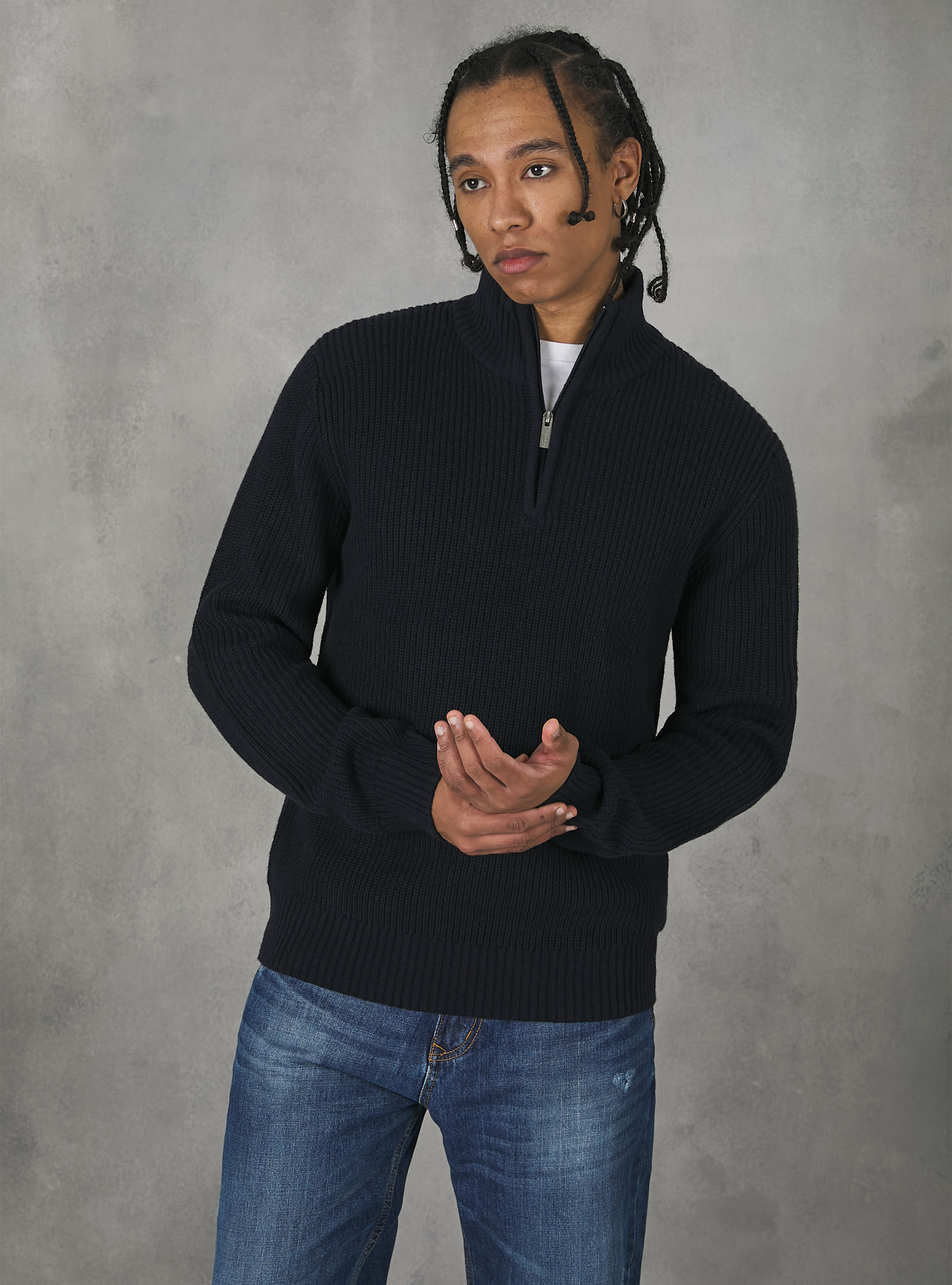 High neck pullover with half zip