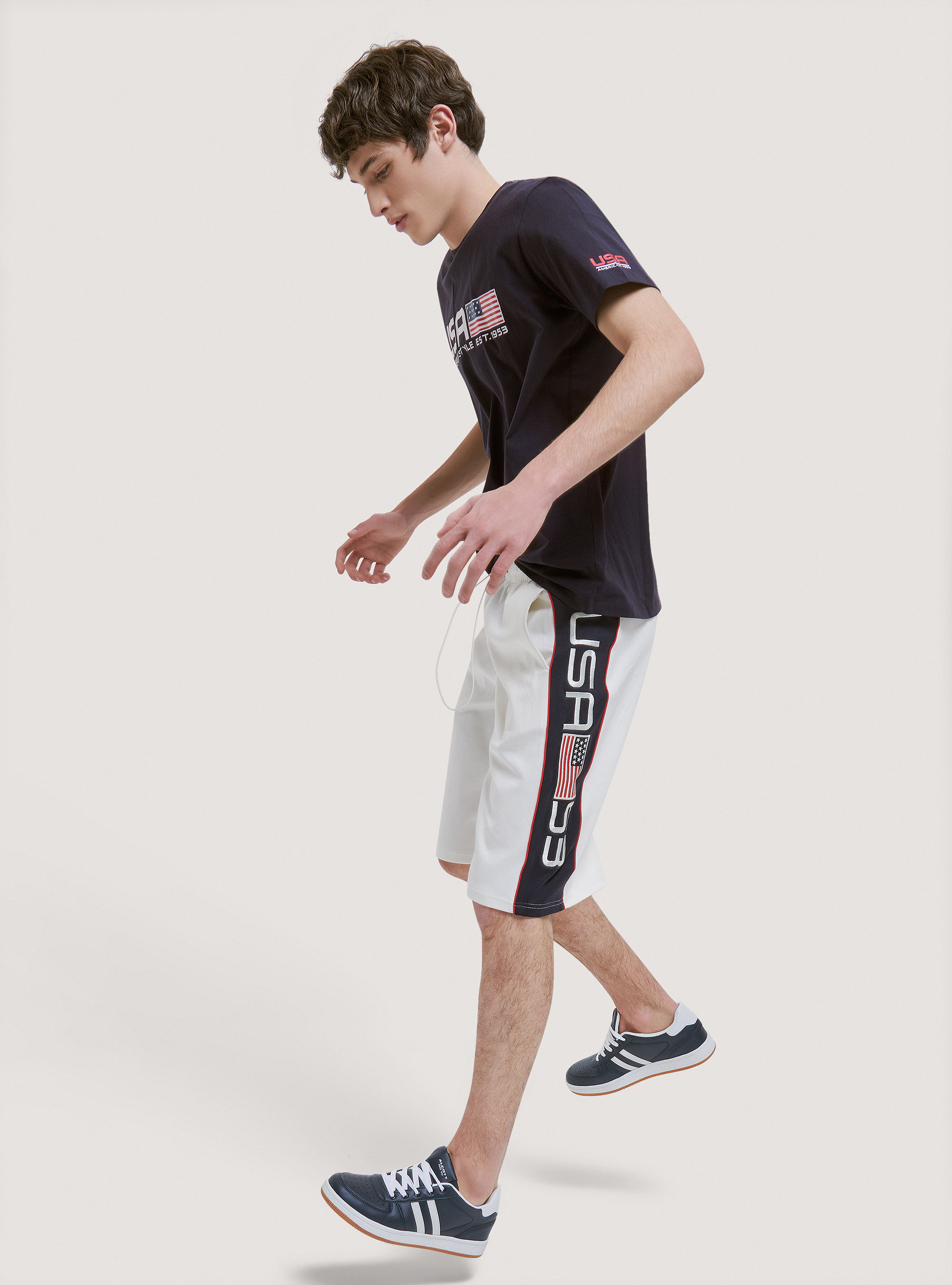 Cotton jogger bermuda with USA patch, C0020 OFF WHITE