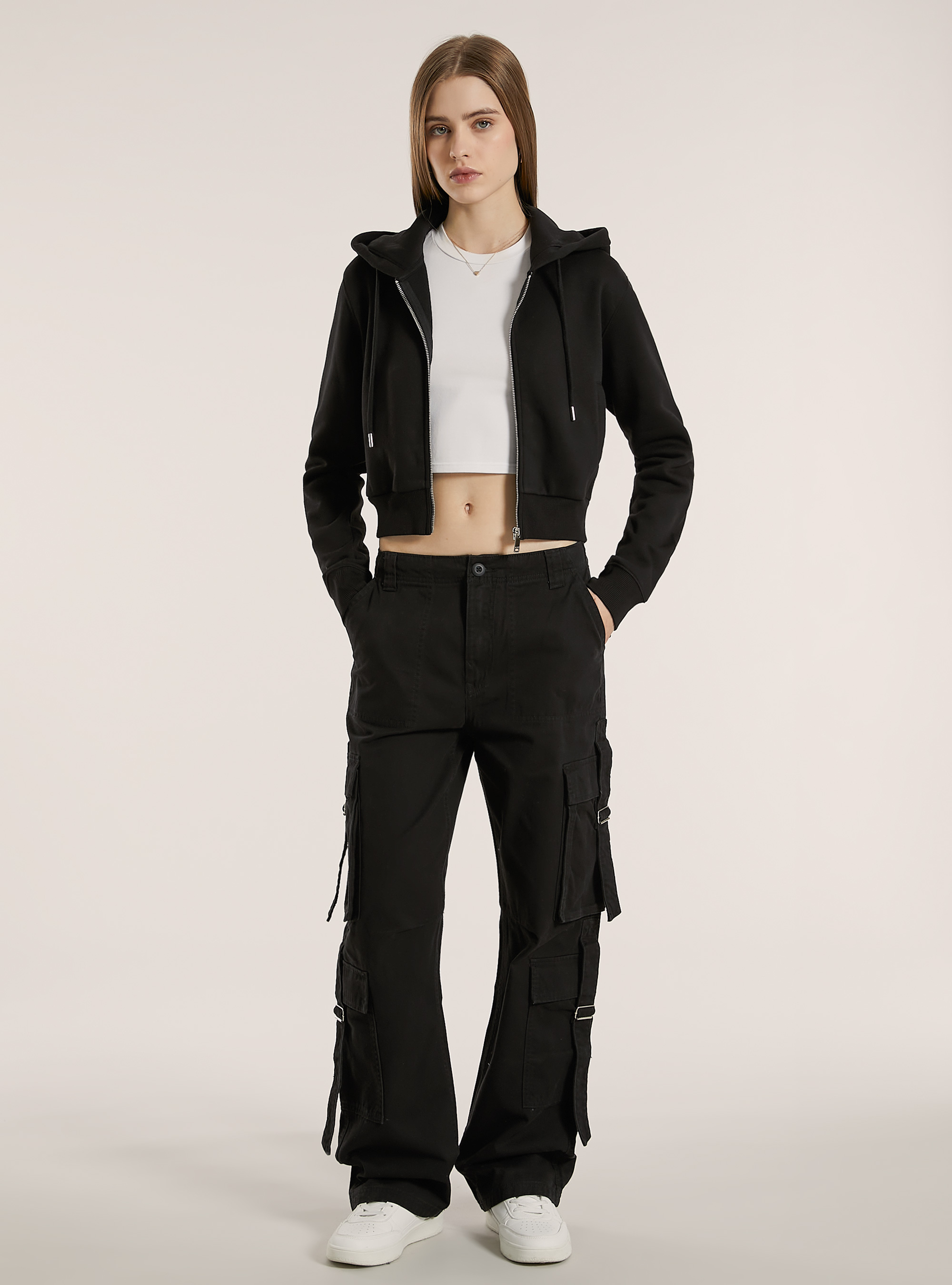 Cardigan felpa crop con cappuccio e tasche, BK1 BLACK