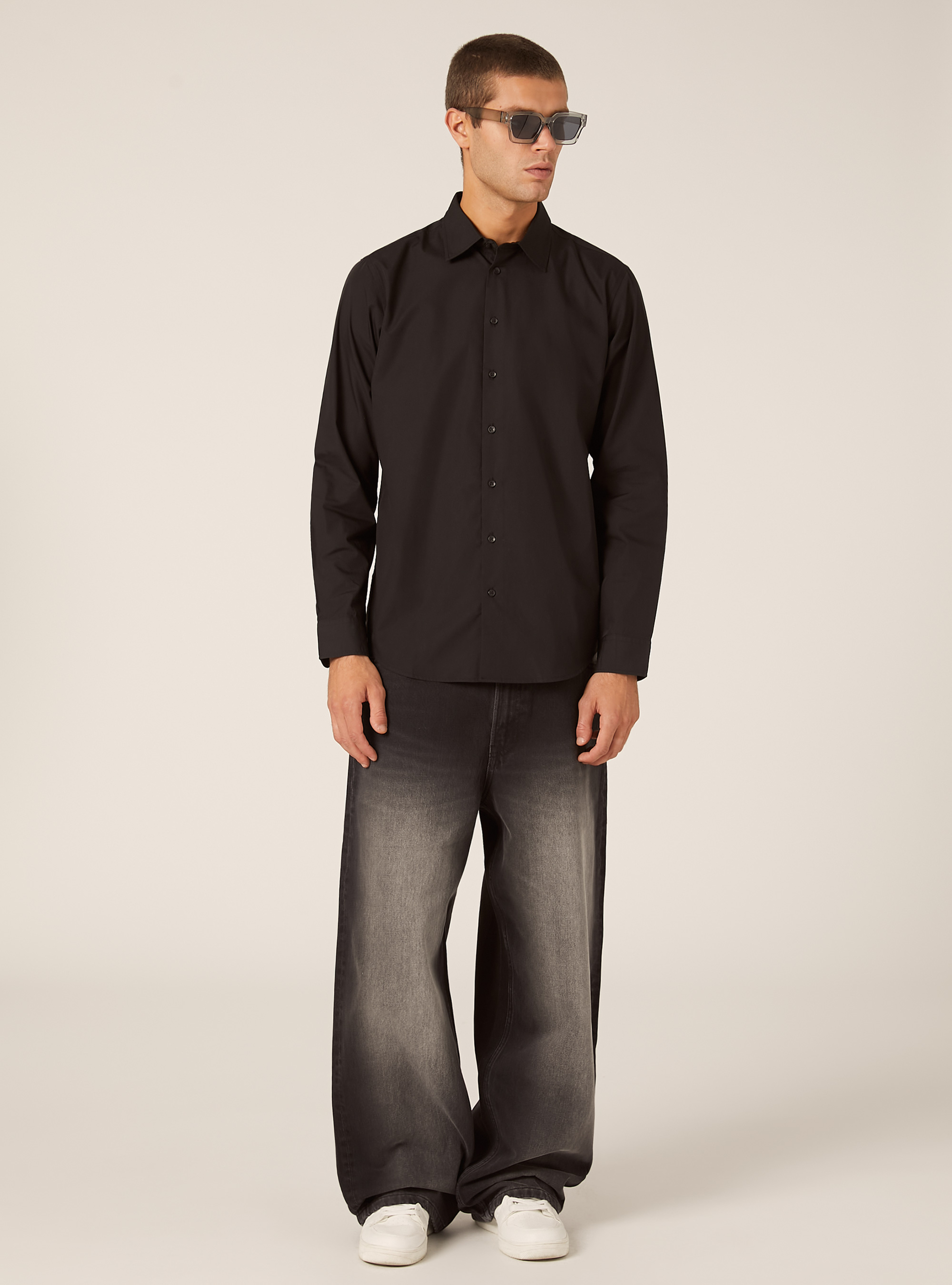 Camicia a manica lunga in tinta unita, BK1 BLACK