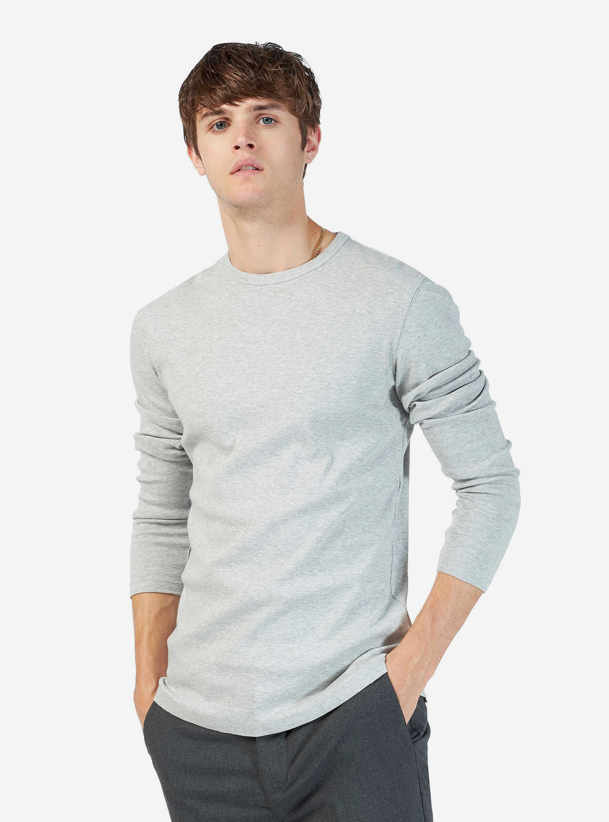 BASIC T-SHIRT LONG SLEEVE, LIGHT GREY MELANGE