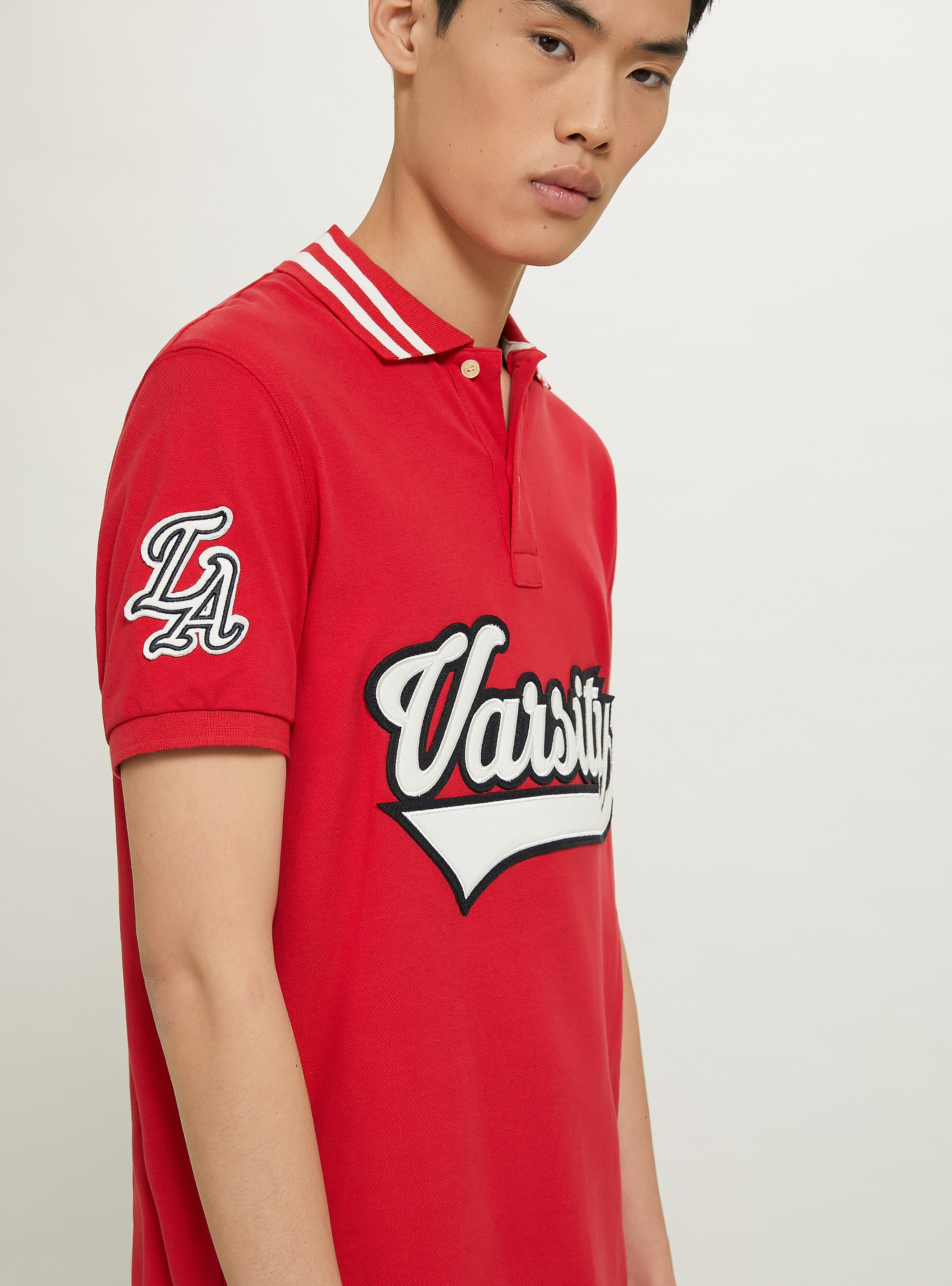 Polo in cotone con patch Varsity, C3376 RED