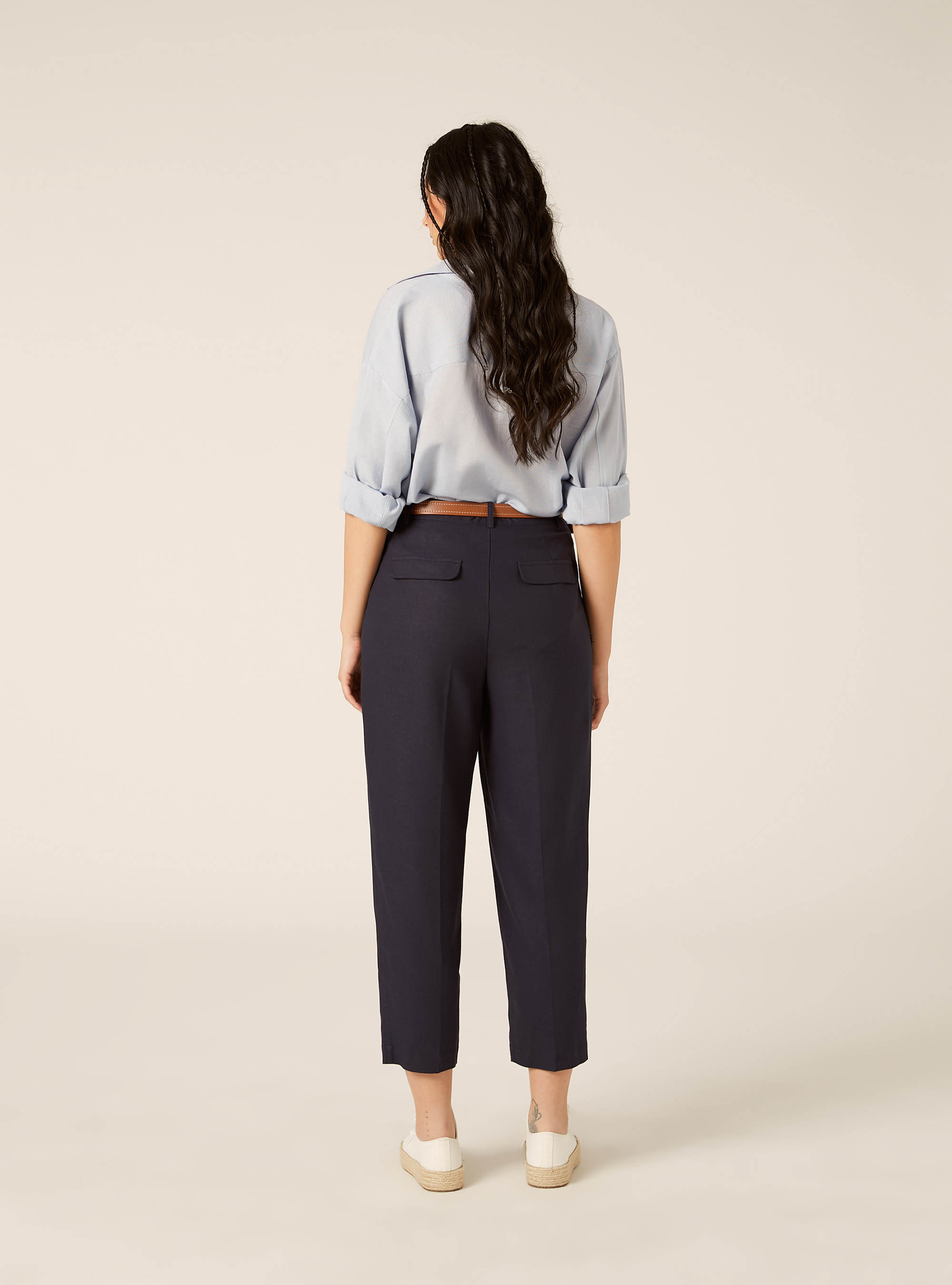 Pantaloni dritti in misto lino con cintura, NA2 NAVY MEDIUM