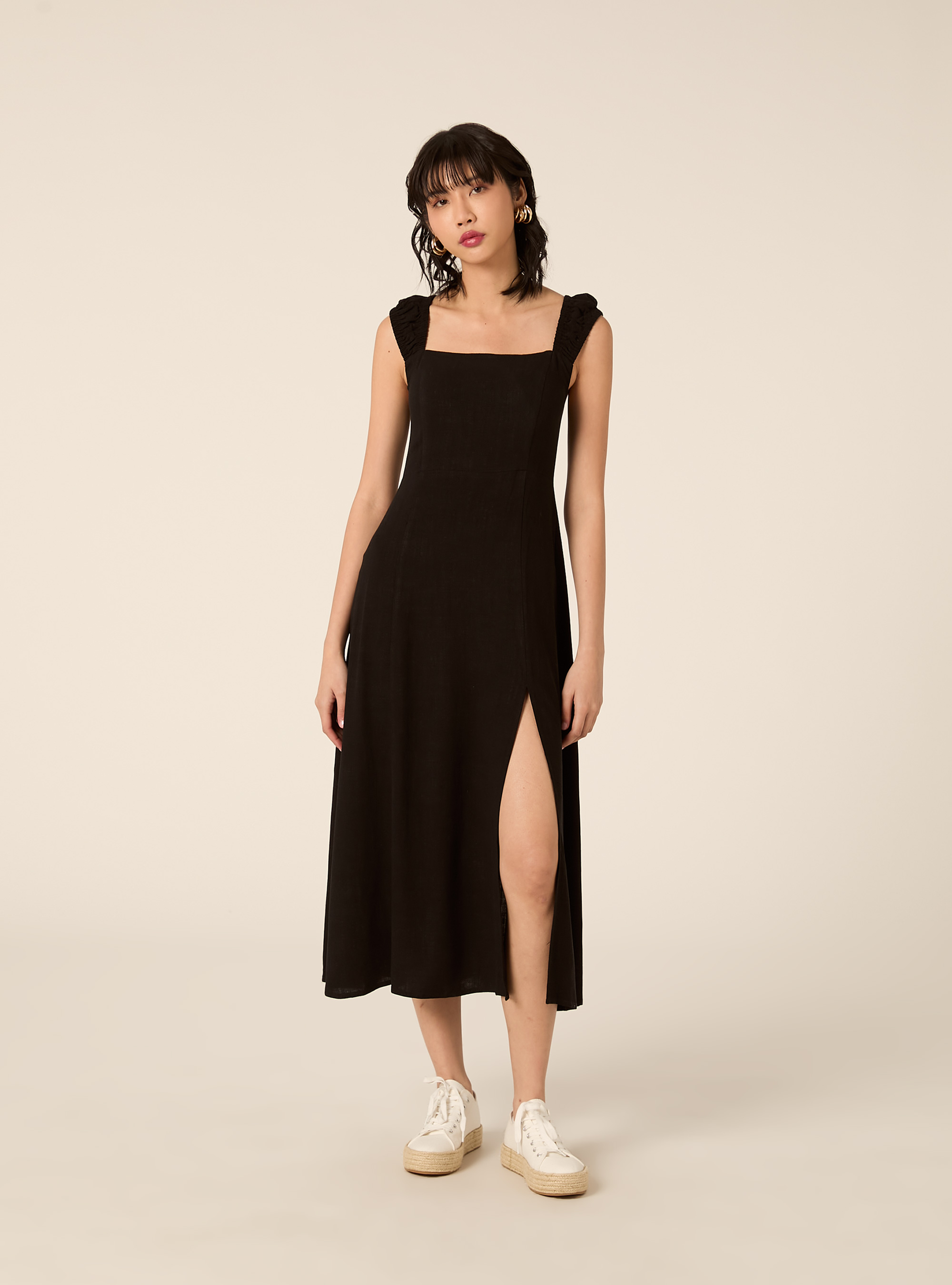 Vestito incrociato sulla schiena in misto lino, BK1 BLACK