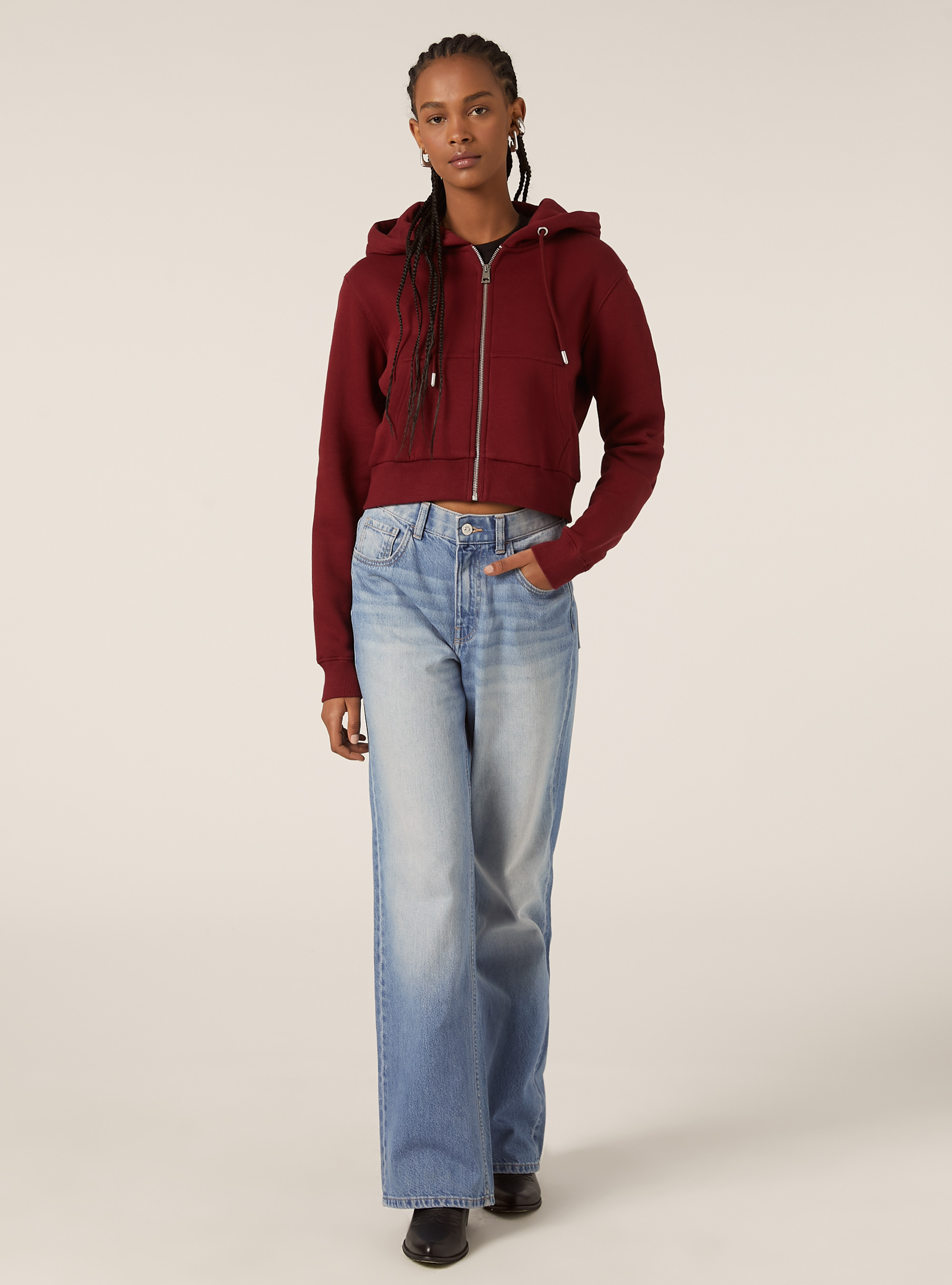 Sweat à capuche zippé court, BO1 BORDEAUX DARK